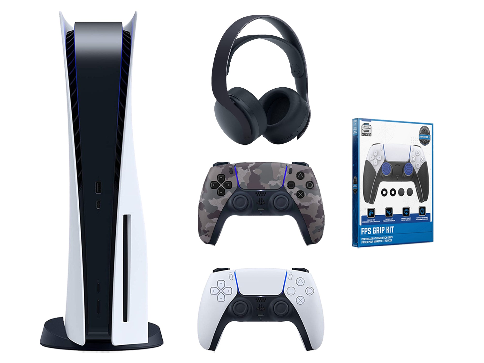 Sony Playstation 5 Disc Edition Bundle with Extra Gray Camo Controller, Black PULSE 3D Wireless Headset and FPS Grip Kit - Pro-Distributing