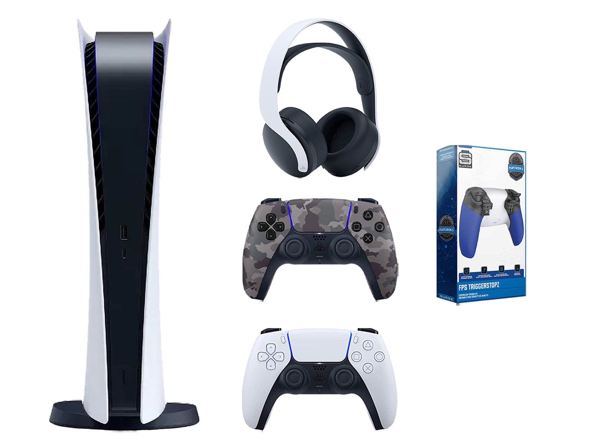 Sony Playstation 5 Digital Edition Bundle with Extra Gray Camo Controller, White PULSE 3D Wireless Headset and Trigger Kit - Pro-Distributing