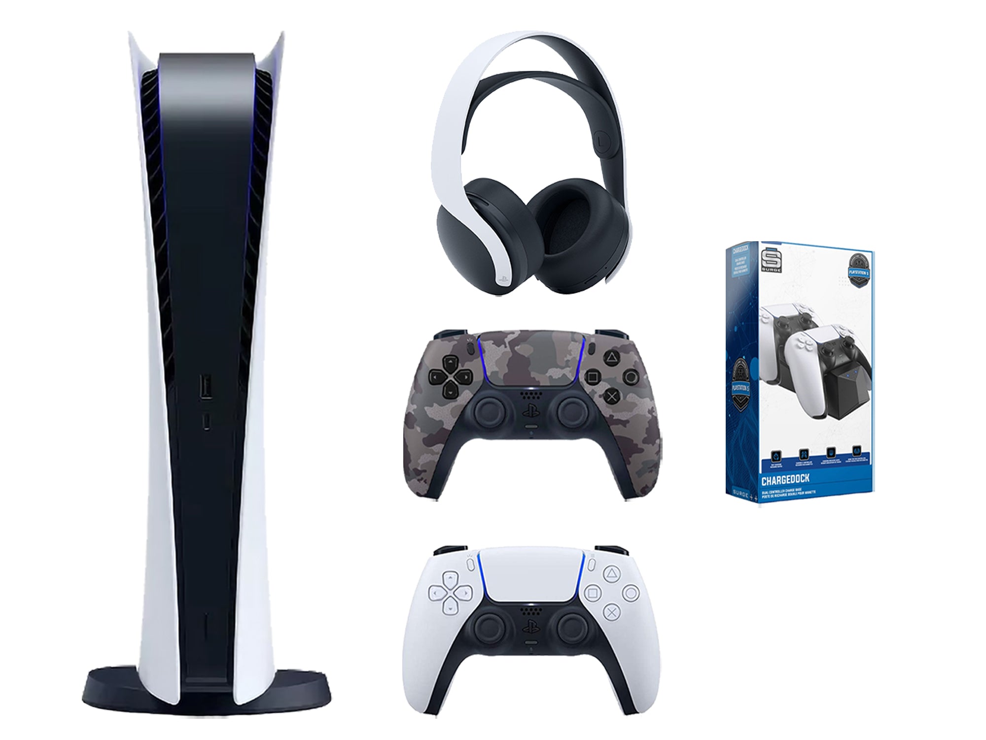 Sony Playstation 5 Digital Edition Bundle with Extra Gray Camo Controller, White PULSE 3D Wireless Headset and Dual Charging Dock - Pro-Distributing