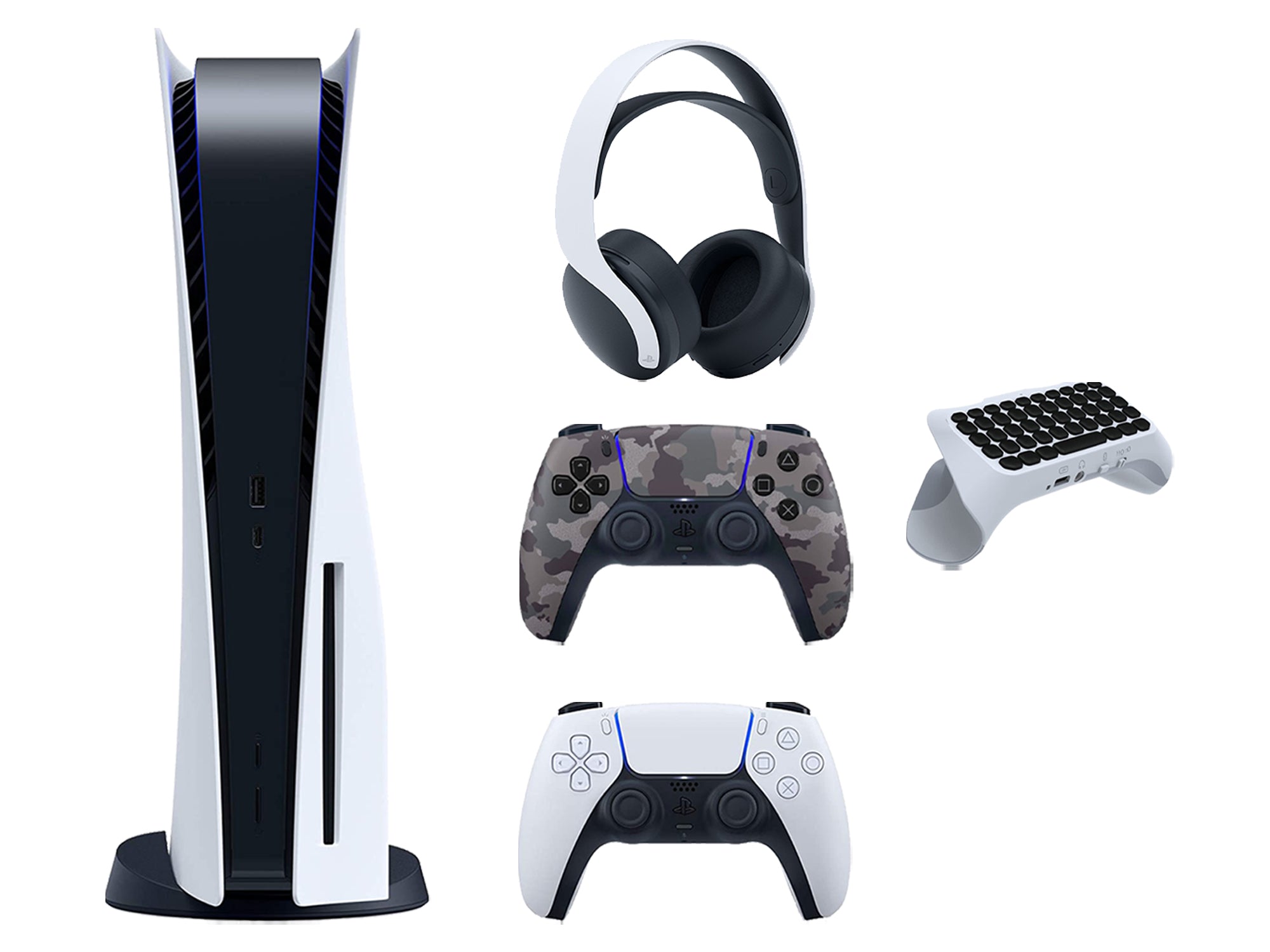 Sony Playstation 5 Disc Edition Bundle with Extra Gray Camo Controller, White PULSE 3D Wireless Headset and QuickType Keypad - Pro-Distributing