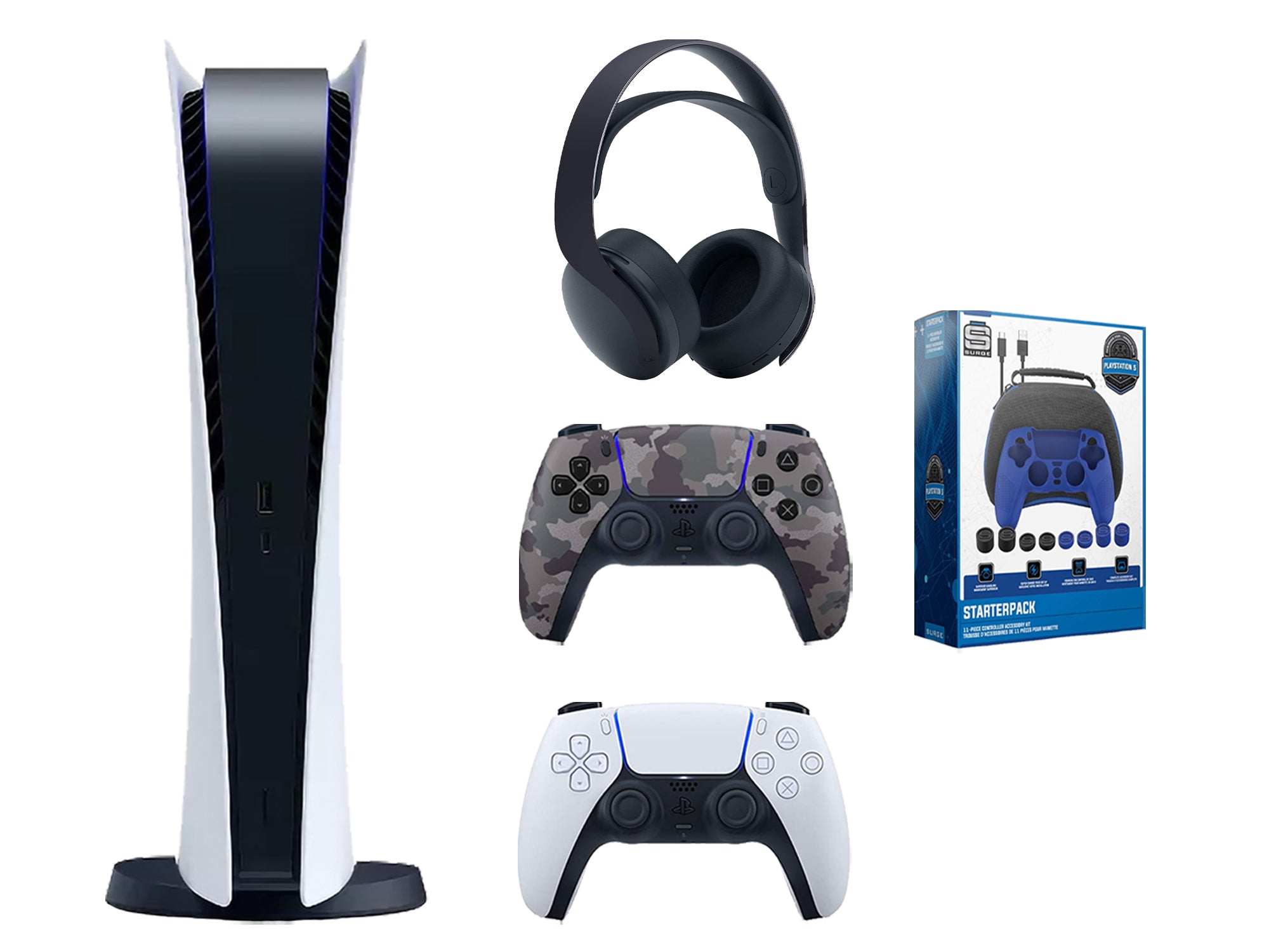 Sony Playstation 5 Digital Edition Bundle with Extra Gray Camo Controller, Black PULSE 3D Wireless Headset and Gamer Starter Pack - Pro-Distributing