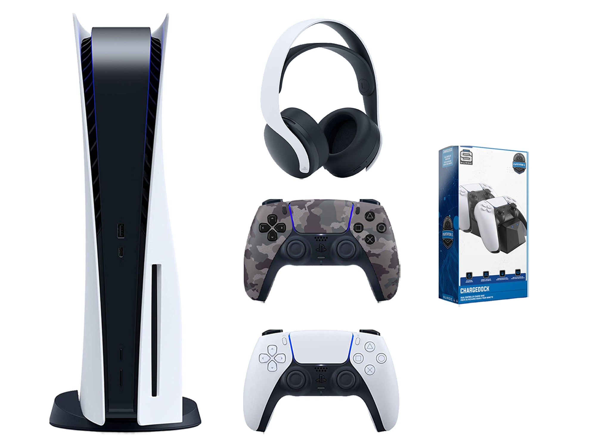 Sony Playstation 5 Disc Edition Bundle with Extra Gray Camo Controller, White PULSE 3D Wireless Headset and Dual Charging Dock - Pro-Distributing