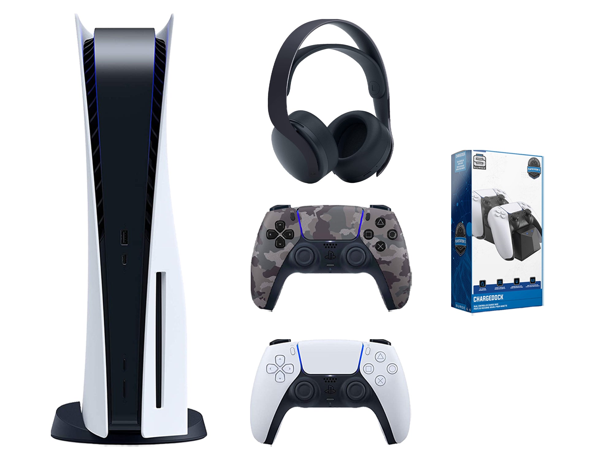 Sony Playstation 5 Disc Edition Bundle with Extra Gray Camo Controller, Black PULSE 3D Wireless Headset and Dual Charging Dock - Pro-Distributing