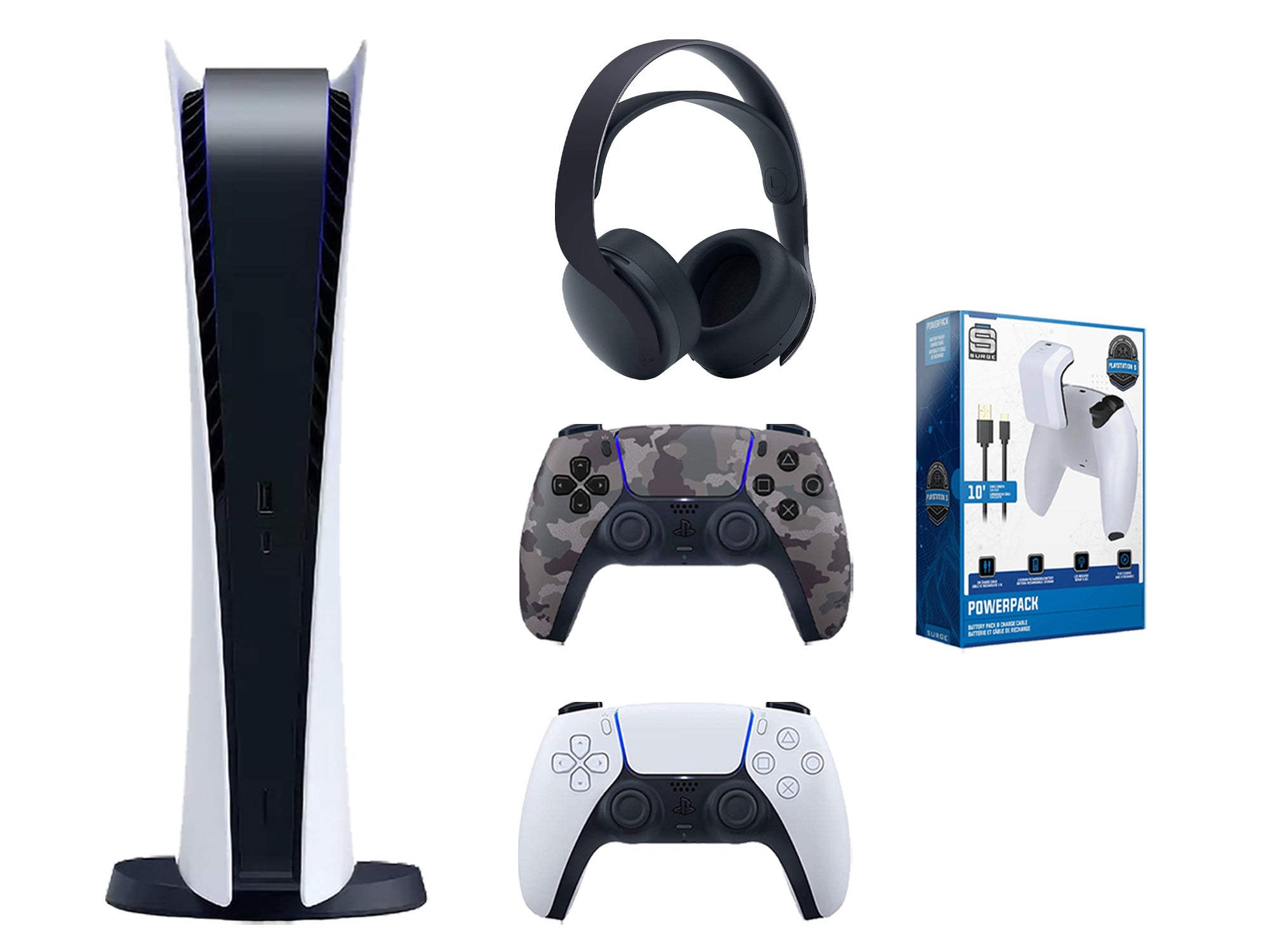 Sony Playstation 5 Digital Edition Bundle with Extra Gray Camo Controller, Black PULSE 3D Wireless Headset and Play and Charge Kit - Pro-Distributing