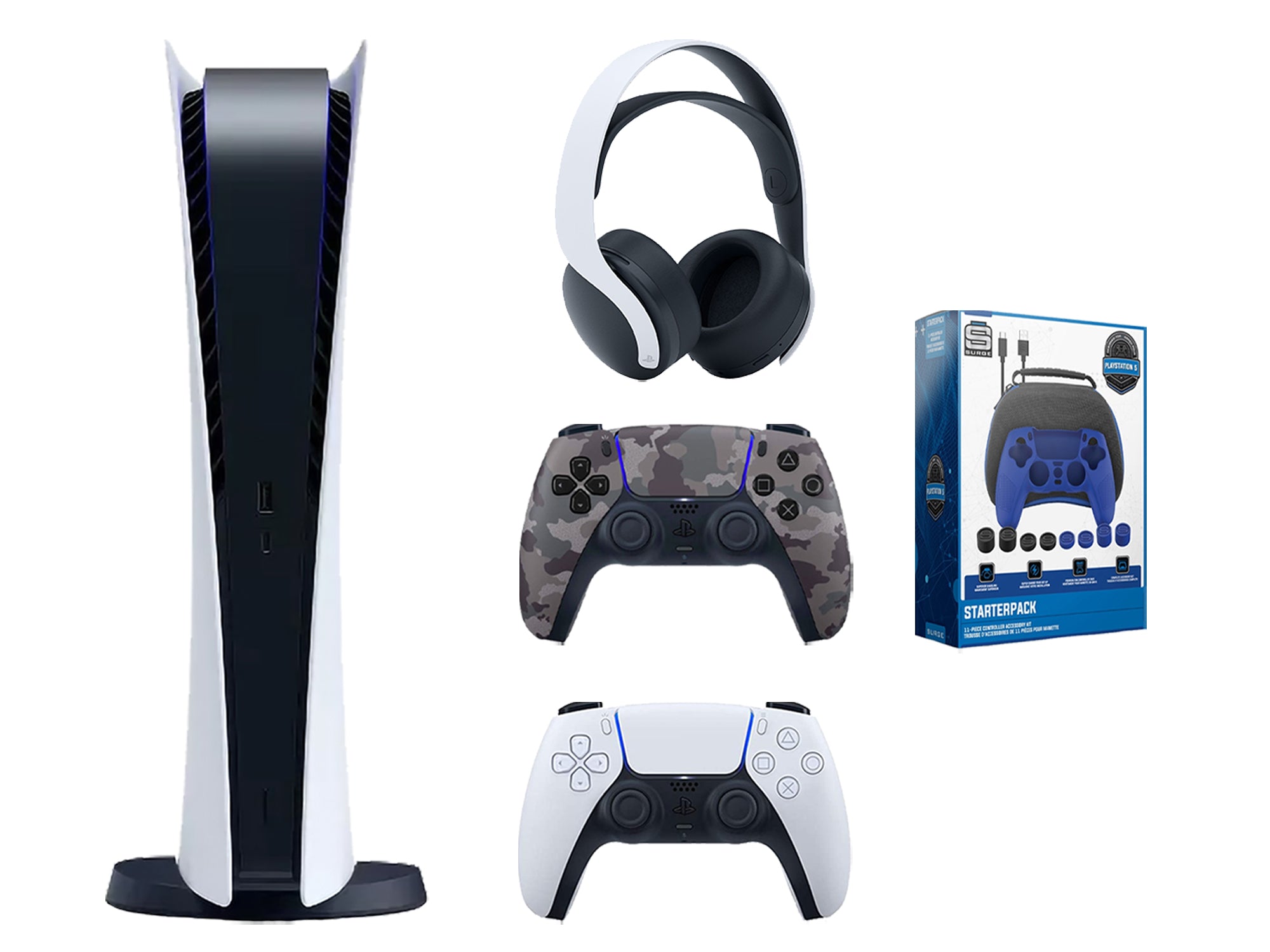 Sony Playstation 5 Digital Edition Bundle with Extra Gray Camo Controller, White PULSE 3D Wireless Headset and Gamer Starter Pack - Pro-Distributing