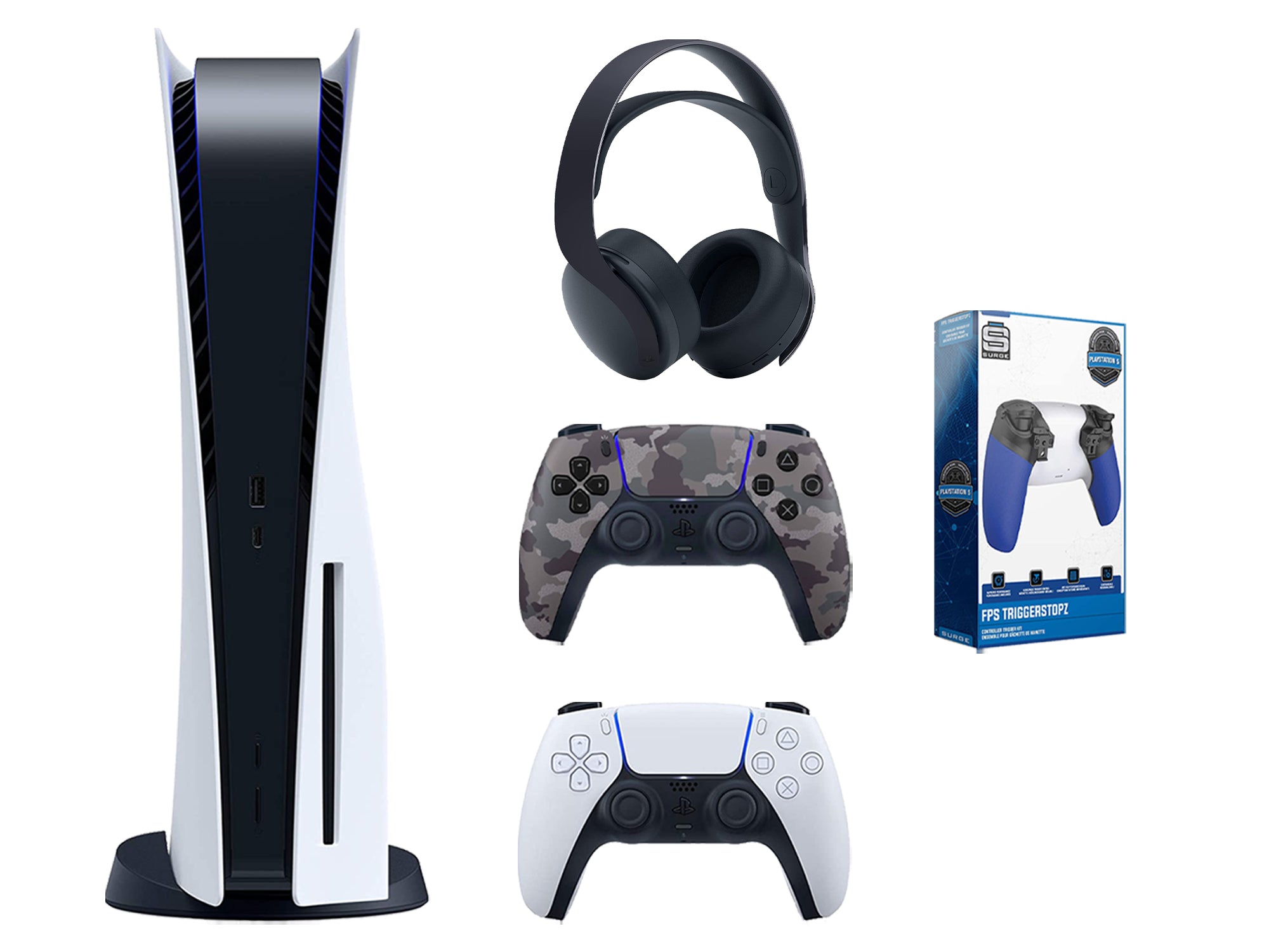 Sony Playstation 5 Disc Edition Bundle with Extra Gray Camo Controller, Black PULSE 3D Wireless Headset and Trigger Kit - Pro-Distributing
