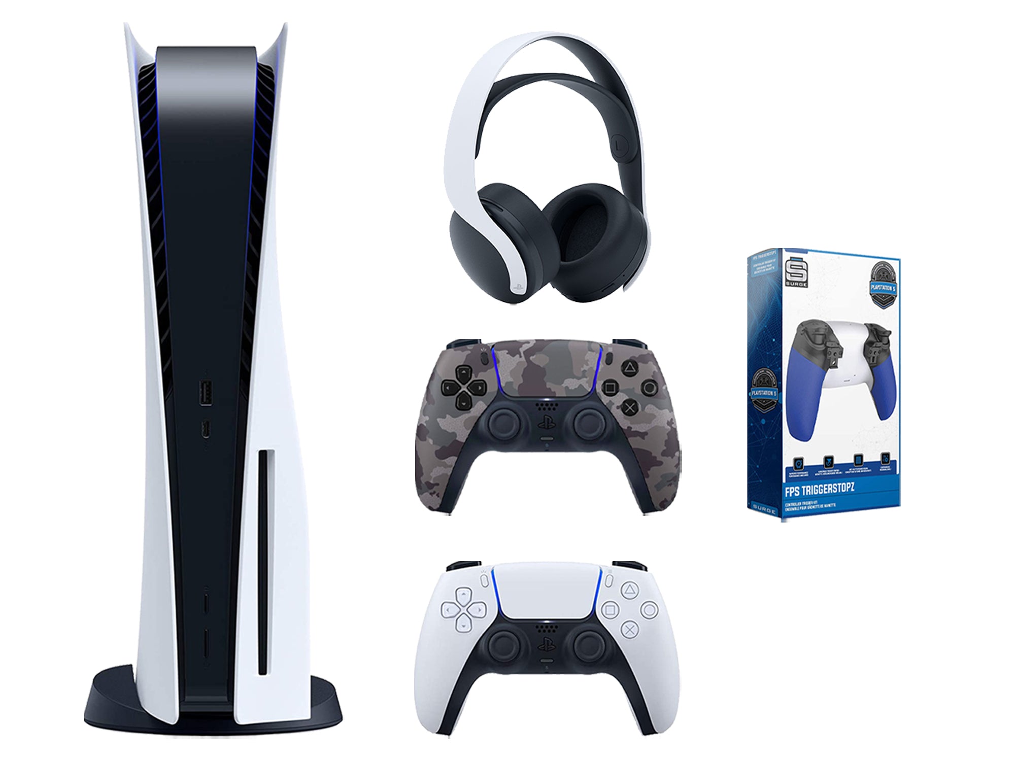 Sony Playstation 5 Disc Edition Bundle with Extra Gray Camo Controller, White PULSE 3D Wireless Headset and Trigger Kit - Pro-Distributing