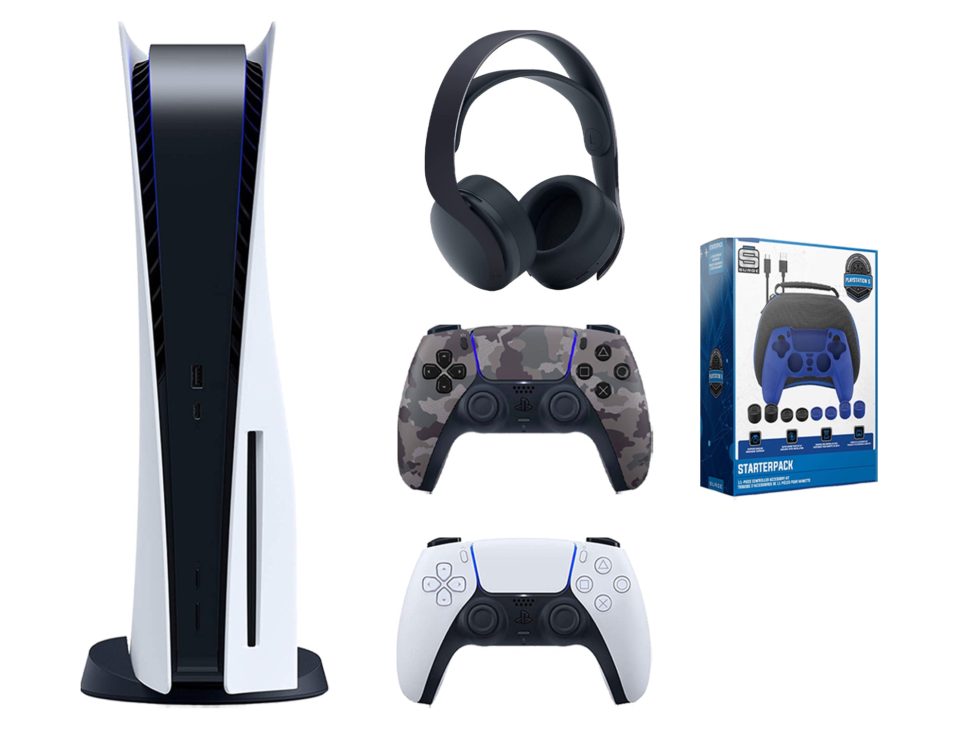 Sony Playstation 5 Disc Edition Bundle with Extra Gray Camo Controller, Black PULSE 3D Wireless Headset and Gamer Starter Pack - Pro-Distributing