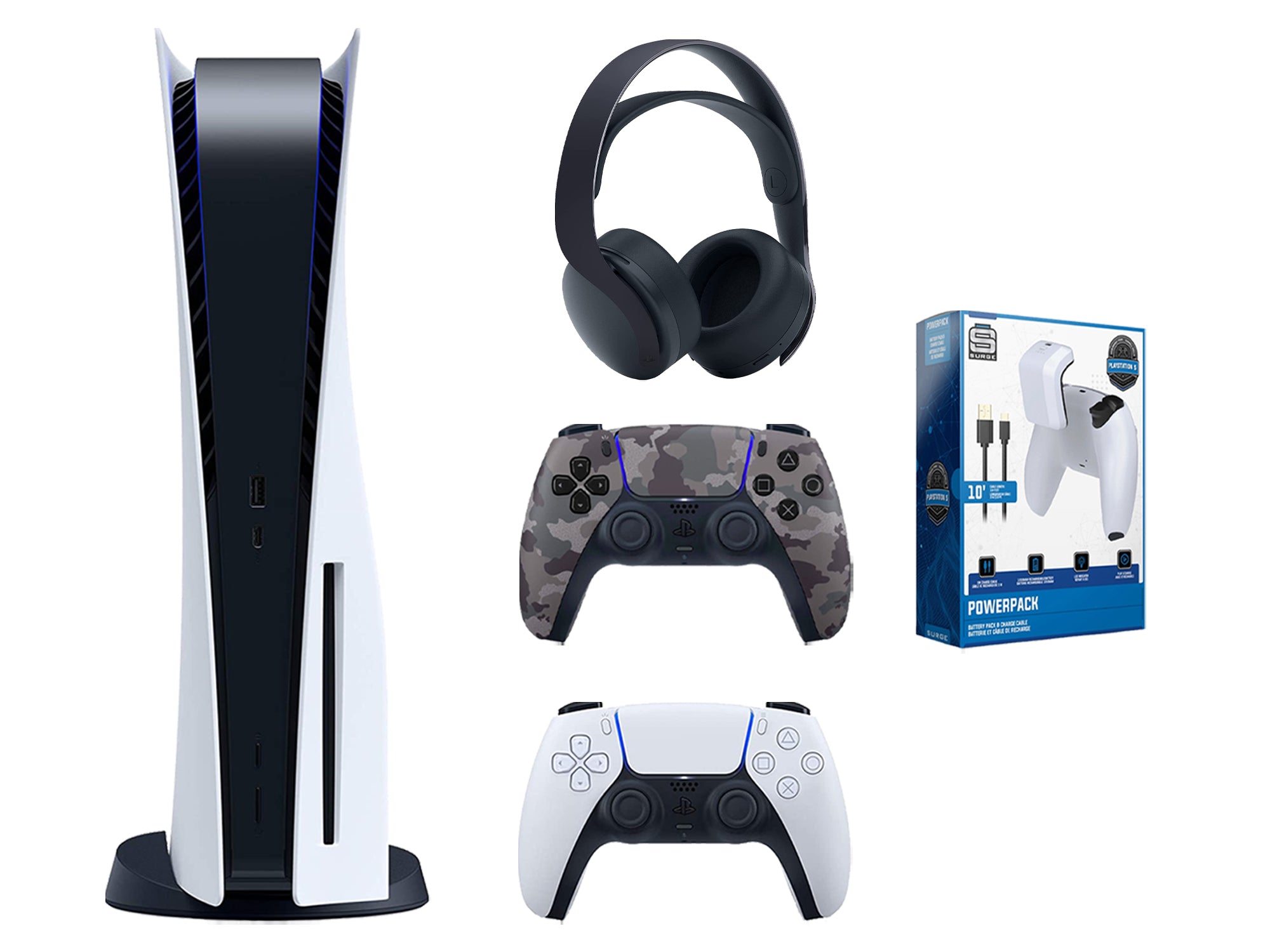 Sony Playstation 5 Disc Edition Bundle with Extra Gray Camo Controller, Black PULSE 3D Wireless Headset and Play and Charge Kit - Pro-Distributing