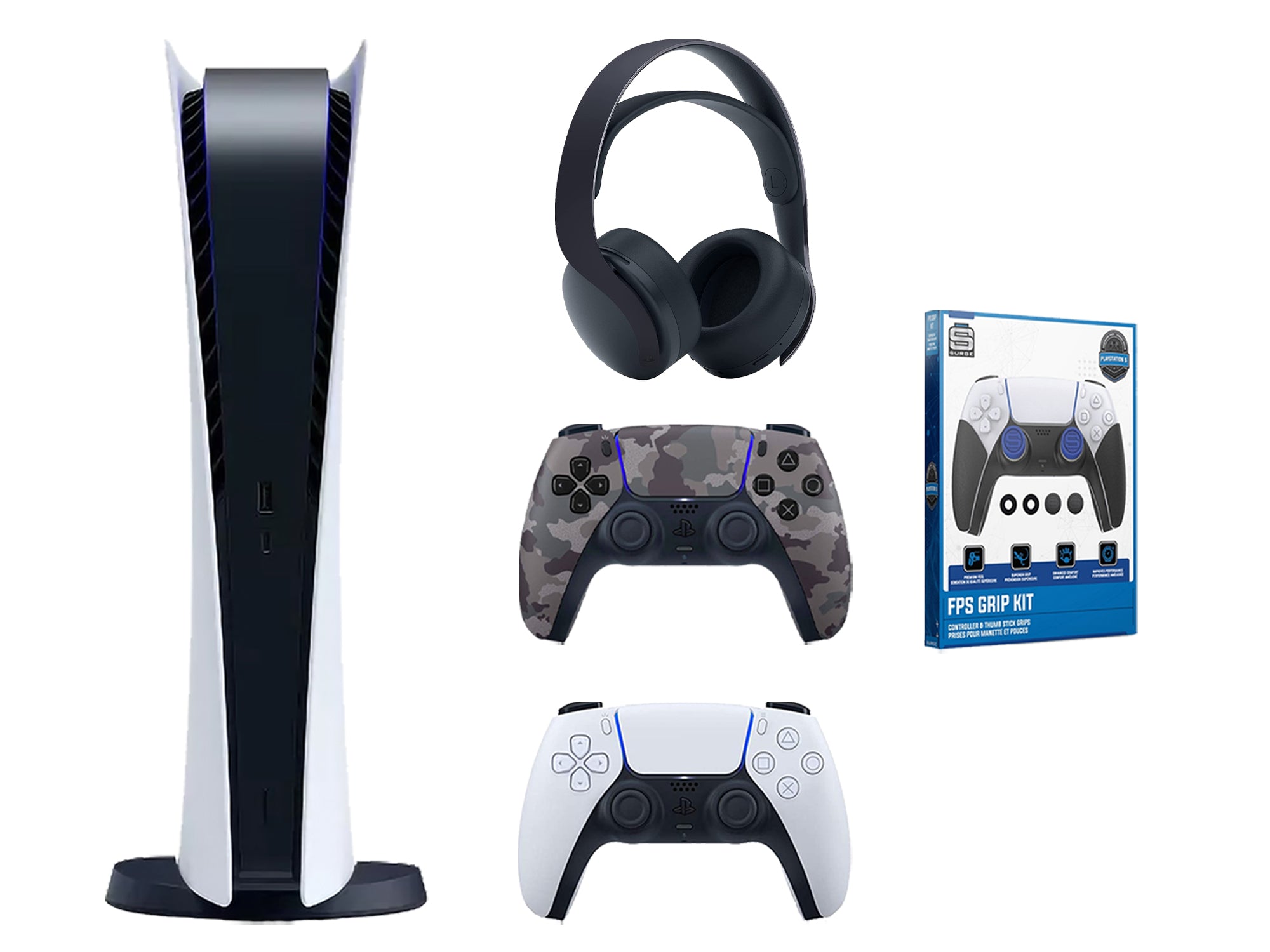 Sony Playstation 5 Digital Edition Bundle with Extra Gray Camo Controller, Black PULSE 3D Wireless Headset and FPS Grip Kit - Pro-Distributing