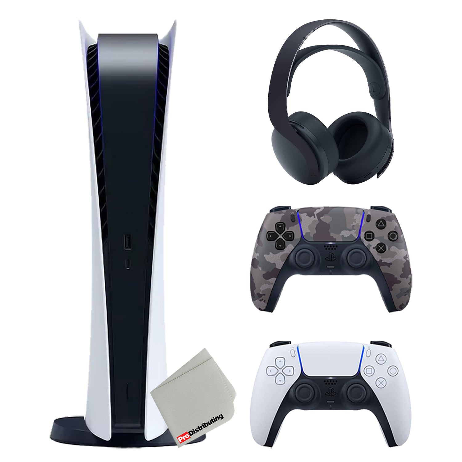 Sony Playstation 5 Digital Edition Bundle with Extra Gray Camo Controller, Black PULSE 3D Wireless Headset and Cleaning Cloth - Pro-Distributing