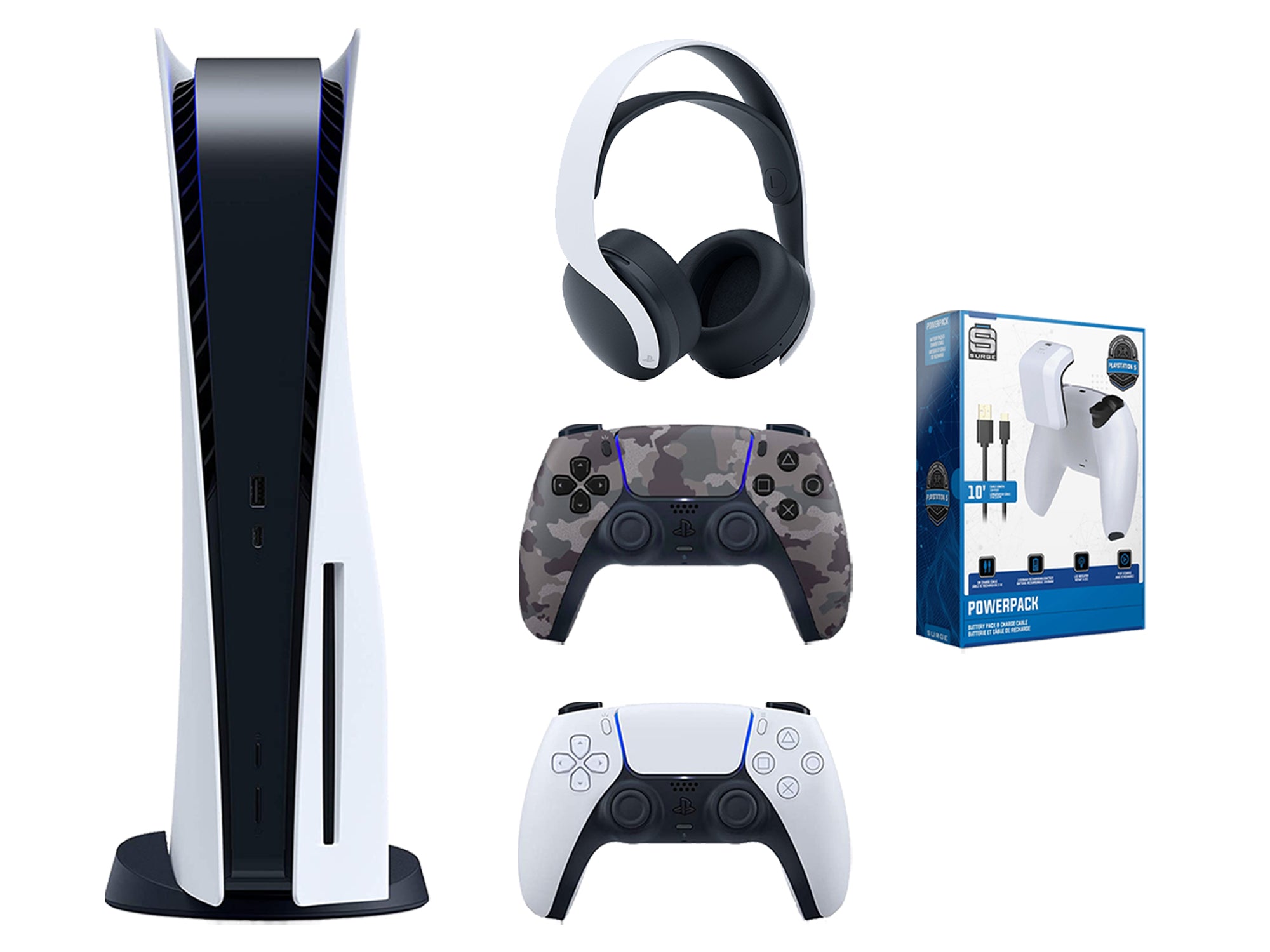 Sony Playstation 5 Disc Edition Bundle with Extra Gray Camo Controller, White PULSE 3D Wireless Headset and Play and Charge Kit - Pro-Distributing