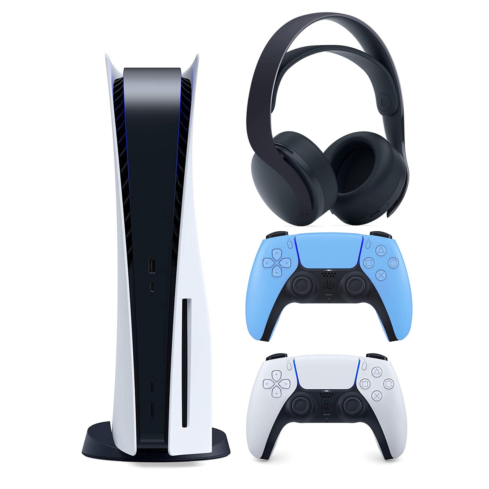 Sony Playstation 5 Disc Version (Sony PS5 Disc) with Extra Starlight Blue Controller and Black PULSE 3D Headset Bundle - Pro-Distributing