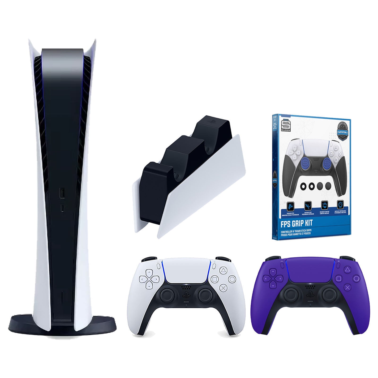 Sony Playstation 5 Digital Edition Console with Extra Purple Controller, DualSense Charging Station and Surge FPS Grip Kit With Precision Aiming Rings Bundle - Pro-Distributing