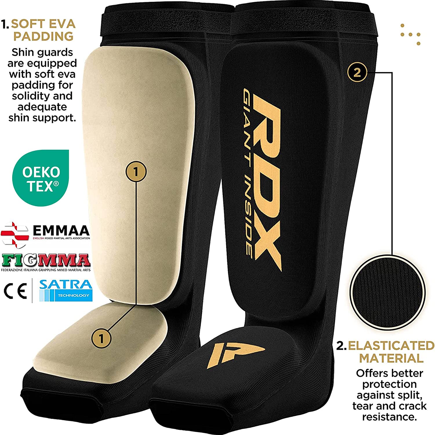 RDX SI Gel Padded Shin Guards Leg Instep Protection Pads for MMA, BJJ, Kickboxing, Muay Thai, Training - BLACK/GOLD - SMALL - Pro-Distributing