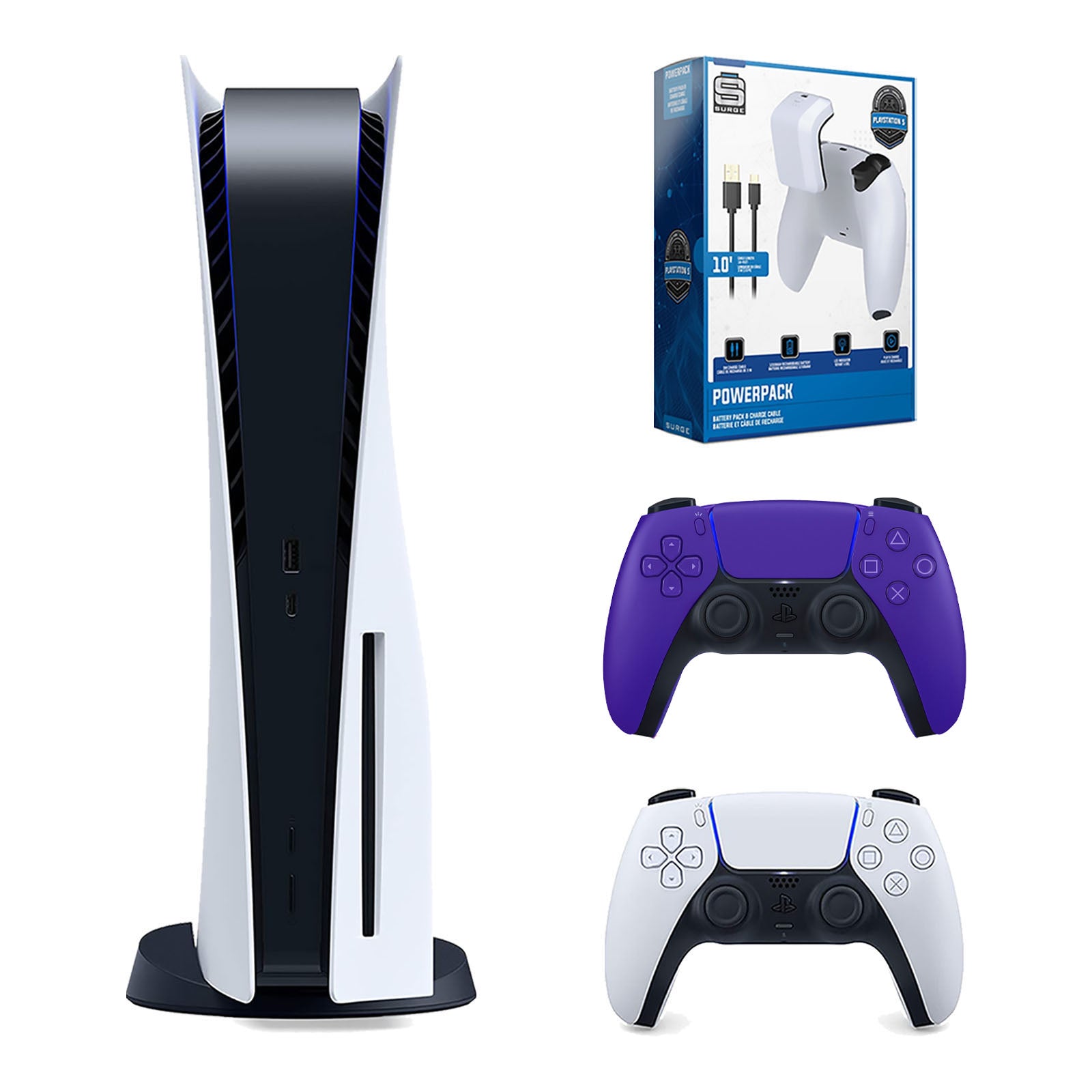 Sony Playstation 5 Disc Version Console with Extra Purple Controller and Surge PowerPack Battery Pack & Charge Cable Bundle - Pro-Distributing