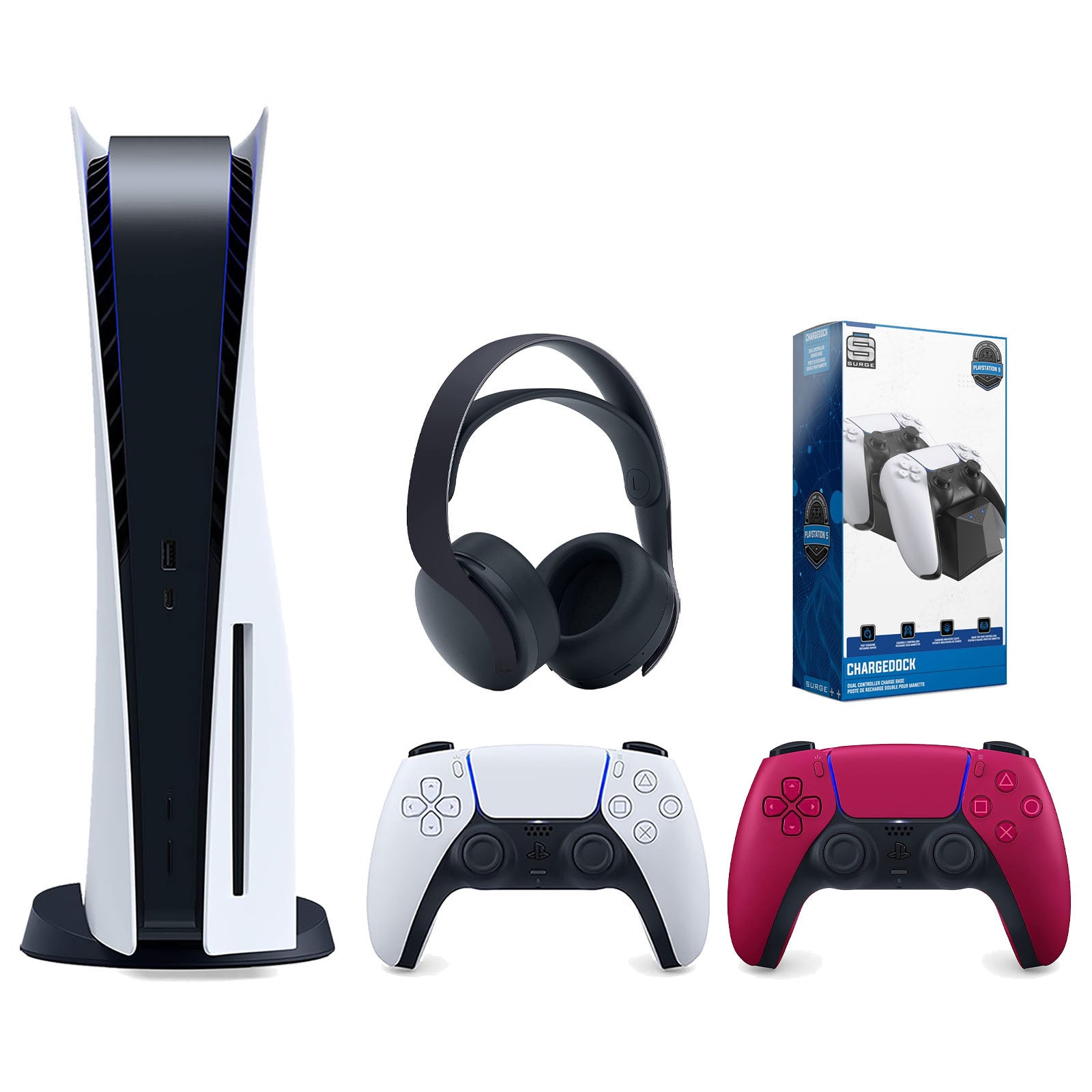 Sony Playstation 5 Disc Version Console with Extra Red Controller, Black PULSE 3D Headset and Surge Dual Controller Charge Dock Bundle - Pro-Distributing