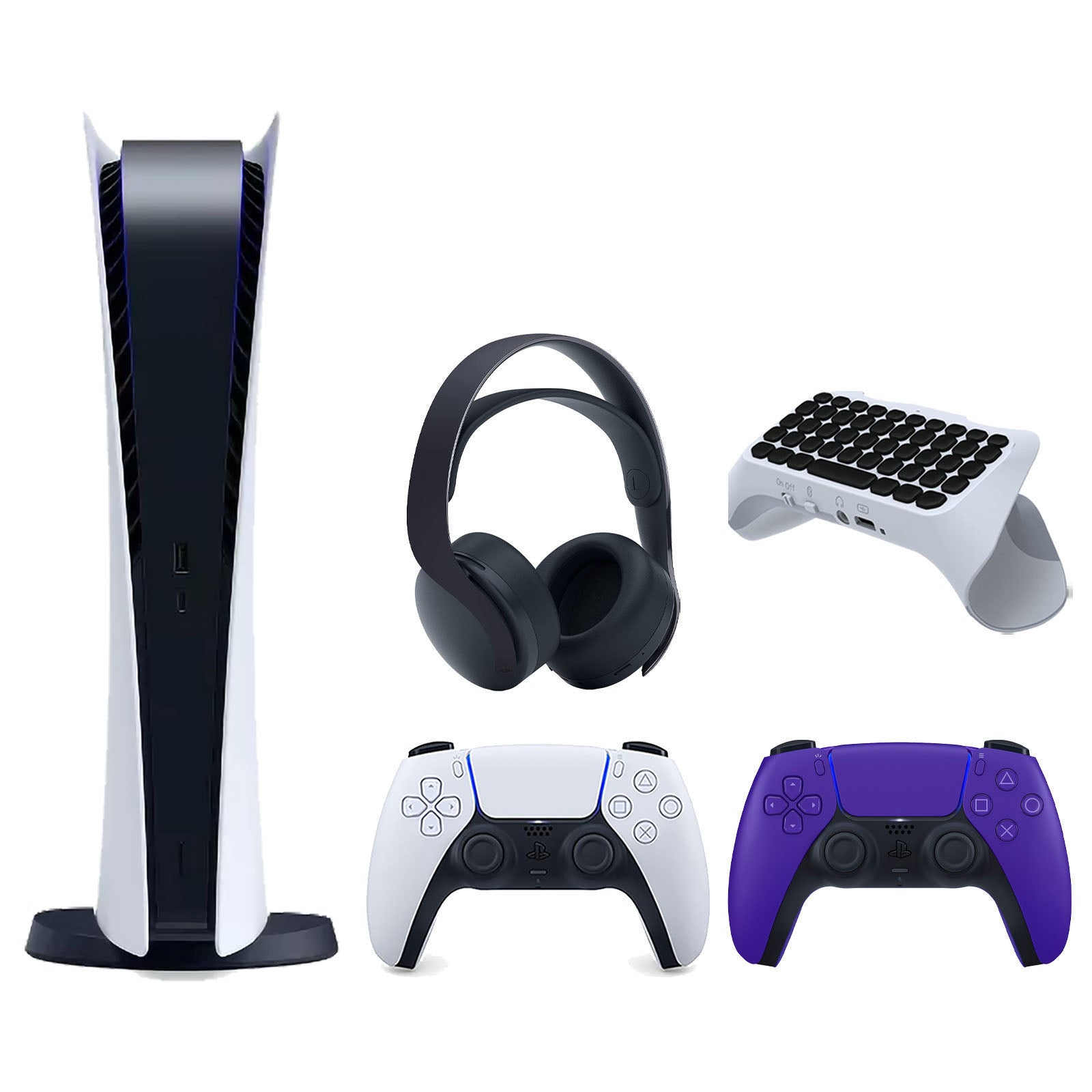 Sony Playstation 5 Digital Edition Console with Extra Purple Controller, Black PULSE 3D Headset and Surge QuickType 2.0 Wireless PS5 Controller Keypad Bundle - Pro-Distributing