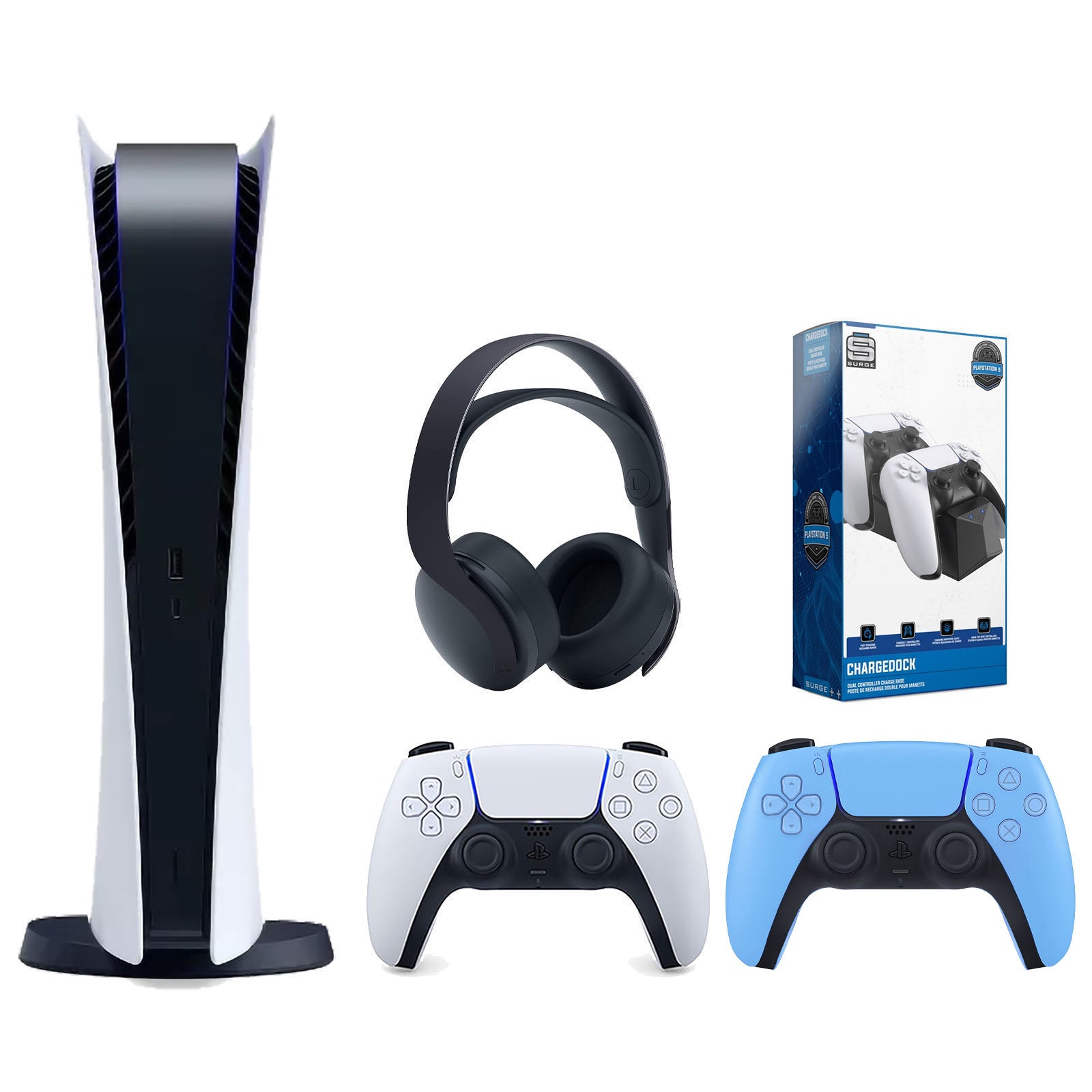 Sony Playstation 5 Digital Edition Console with Extra Blue Controller, Black PULSE 3D Headset and Surge Dual Controller Charge Dock Bundle - Pro-Distributing