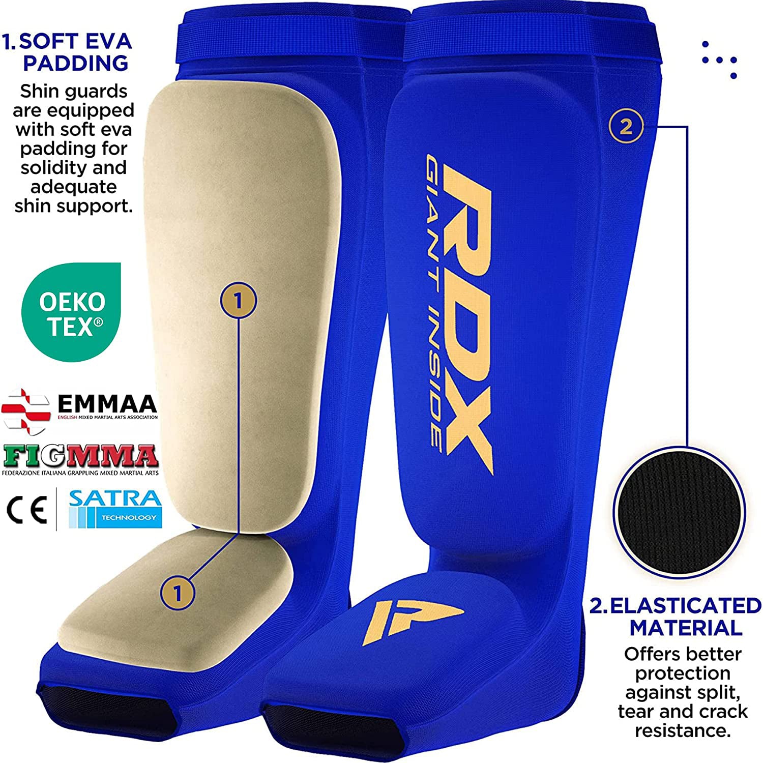 RDX SI Gel Padded Shin Guards Leg Instep Protection Pads for MMA, BJJ, Kickboxing, Muay Thai, Training - BLUE - LARGE - Pro-Distributing