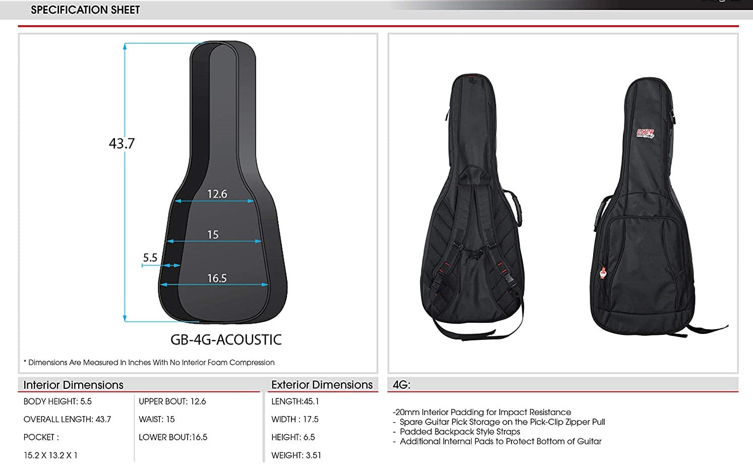 Gator Cases 4G Series Gig Bag For Acoustic Guitars with Adjustable Backpack Straps; Fits Most Dreadnought Style Acoustic Guitars - GB-4G-ACOUSTIC - Pro-Distributing