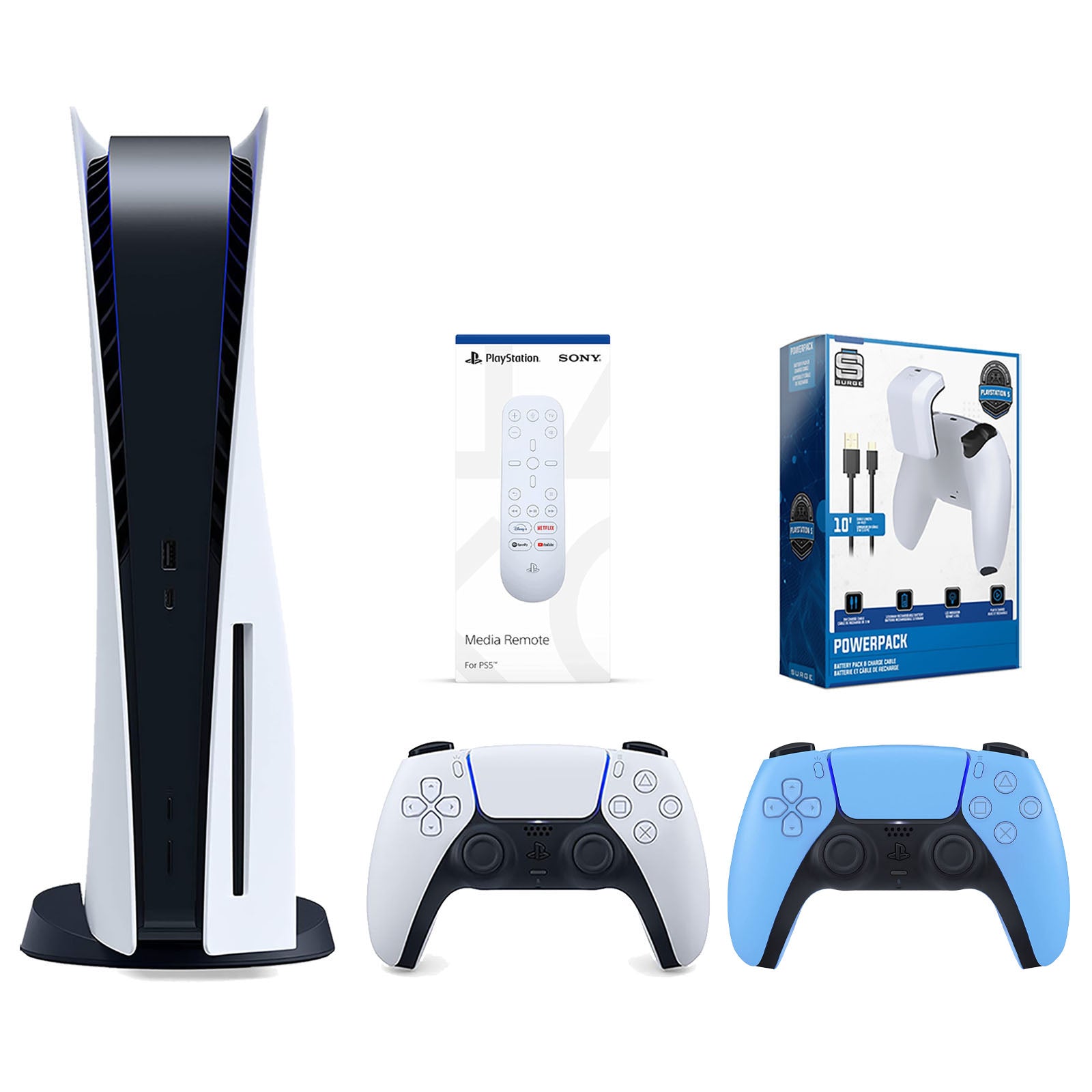 Sony Playstation 5 Disc Version Console with Extra Blue Controller, Media Remote and Surge PowerPack Battery Pack & Charge Cable Bundle - Pro-Distributing