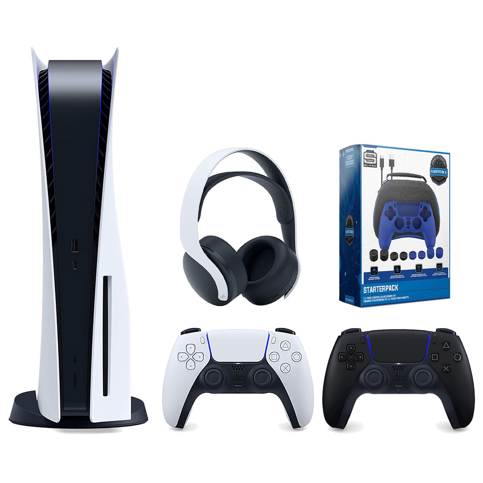 Sony Playstation 5 Disc Version Console with Extra Black Controller, White PULSE 3D Headset and Surge Pro Gamer Starter Pack 11-Piece Accessory Bundle - Pro-Distributing