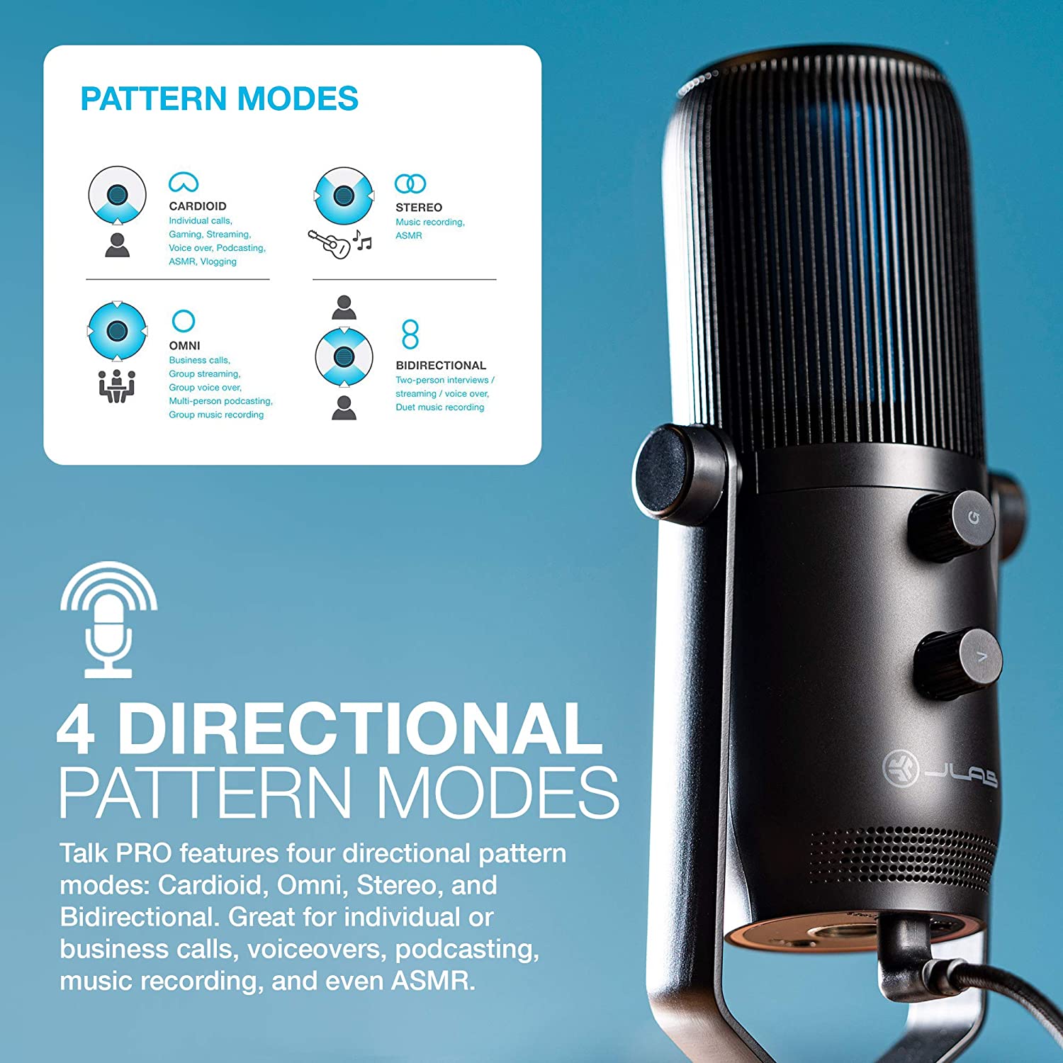 JLab Talk Pro USB Microphone with Cardioid, Omnidirectional, Stereo, Bidirectional Modes - Pro-Distributing