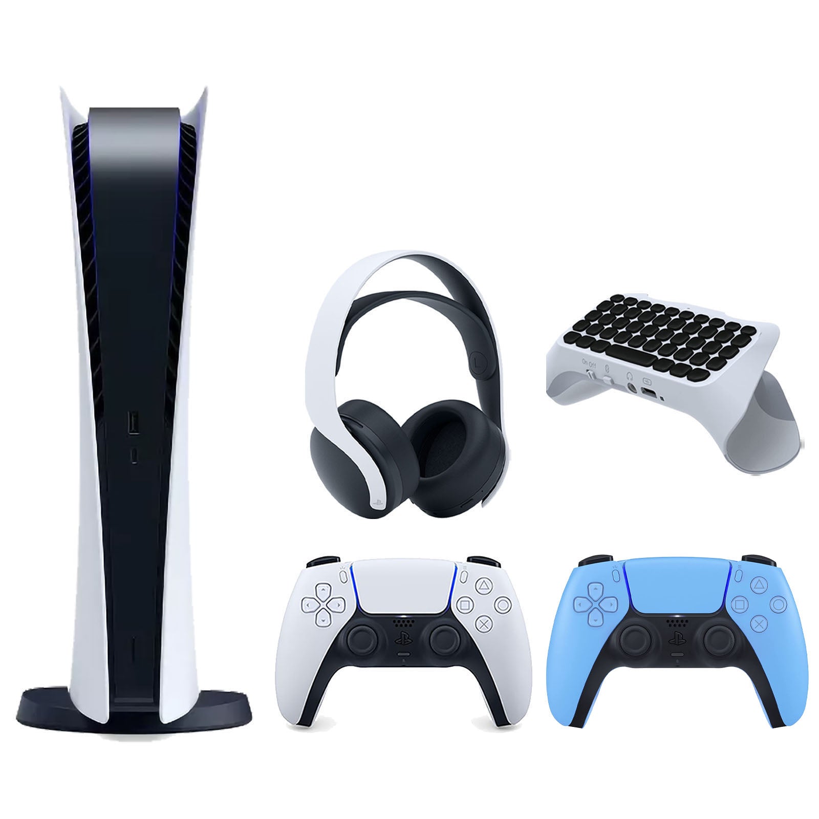 Sony Playstation 5 Digital Edition Console with Extra Blue Controller, White PULSE 3D Headset and Surge QuickType 2.0 Wireless PS5 Controller Keypad Bundle - Pro-Distributing