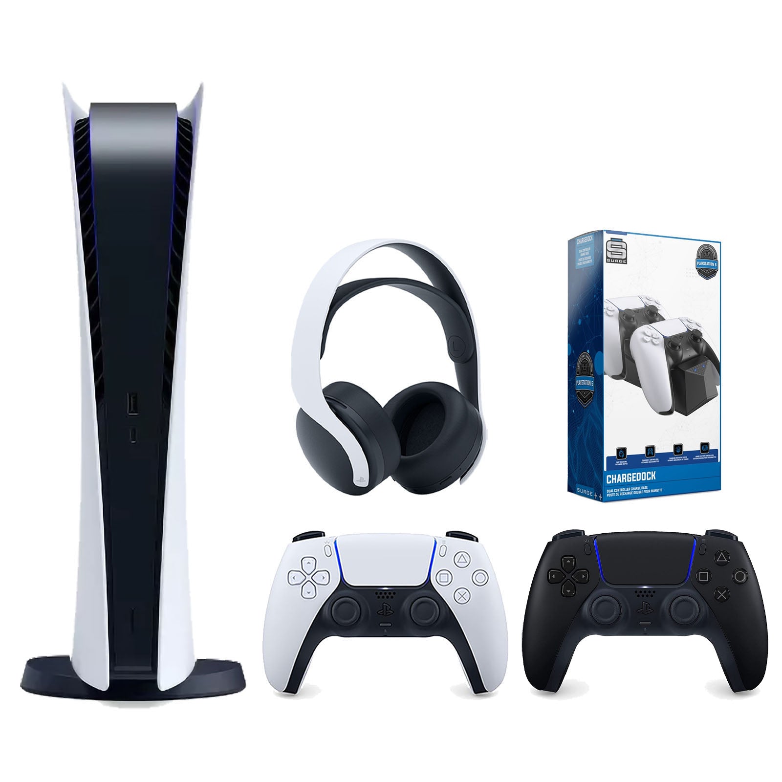 Sony Playstation 5 Digital Edition Console with Extra Black Controller, White PULSE 3D Headset and Surge Dual Controller Charge Dock Bundle - Pro-Distributing