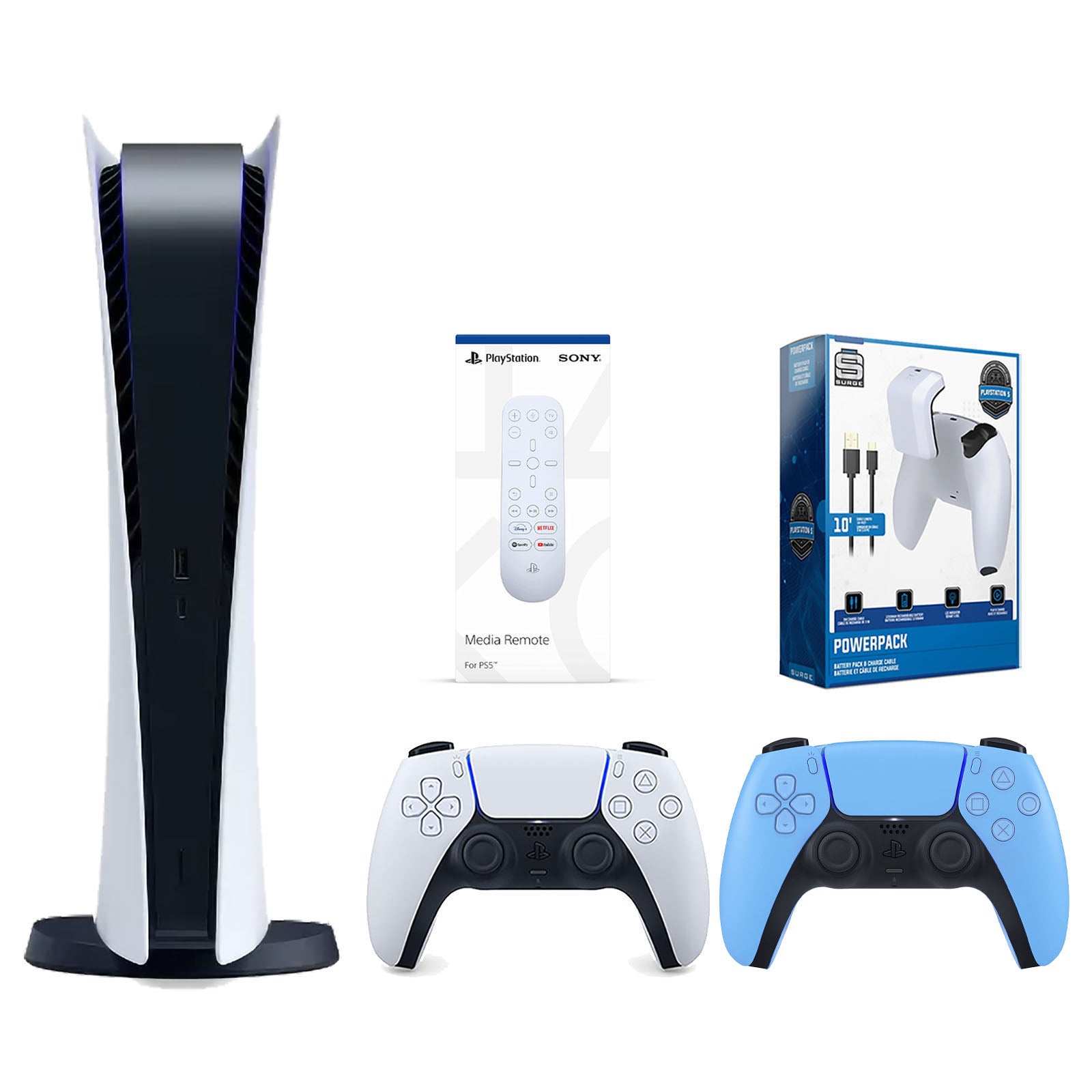 Sony Playstation 5 Digital Edition Console with Extra Blue Controller, Media Remote and Surge PowerPack Battery Pack & Charge Cable Bundle - Pro-Distributing