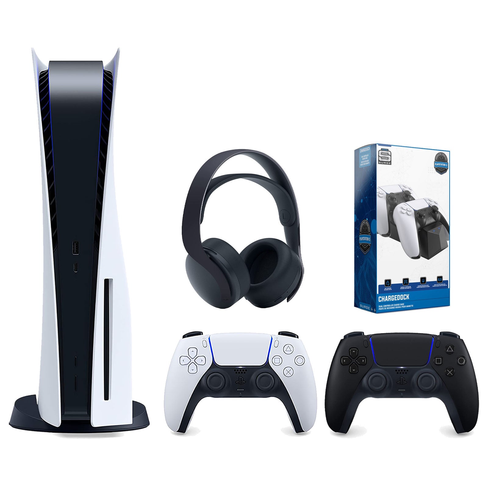 Sony Playstation 5 Disc Version Console with Extra Black Controller, Black PULSE 3D Headset and Surge Dual Controller Charge Dock Bundle - Pro-Distributing