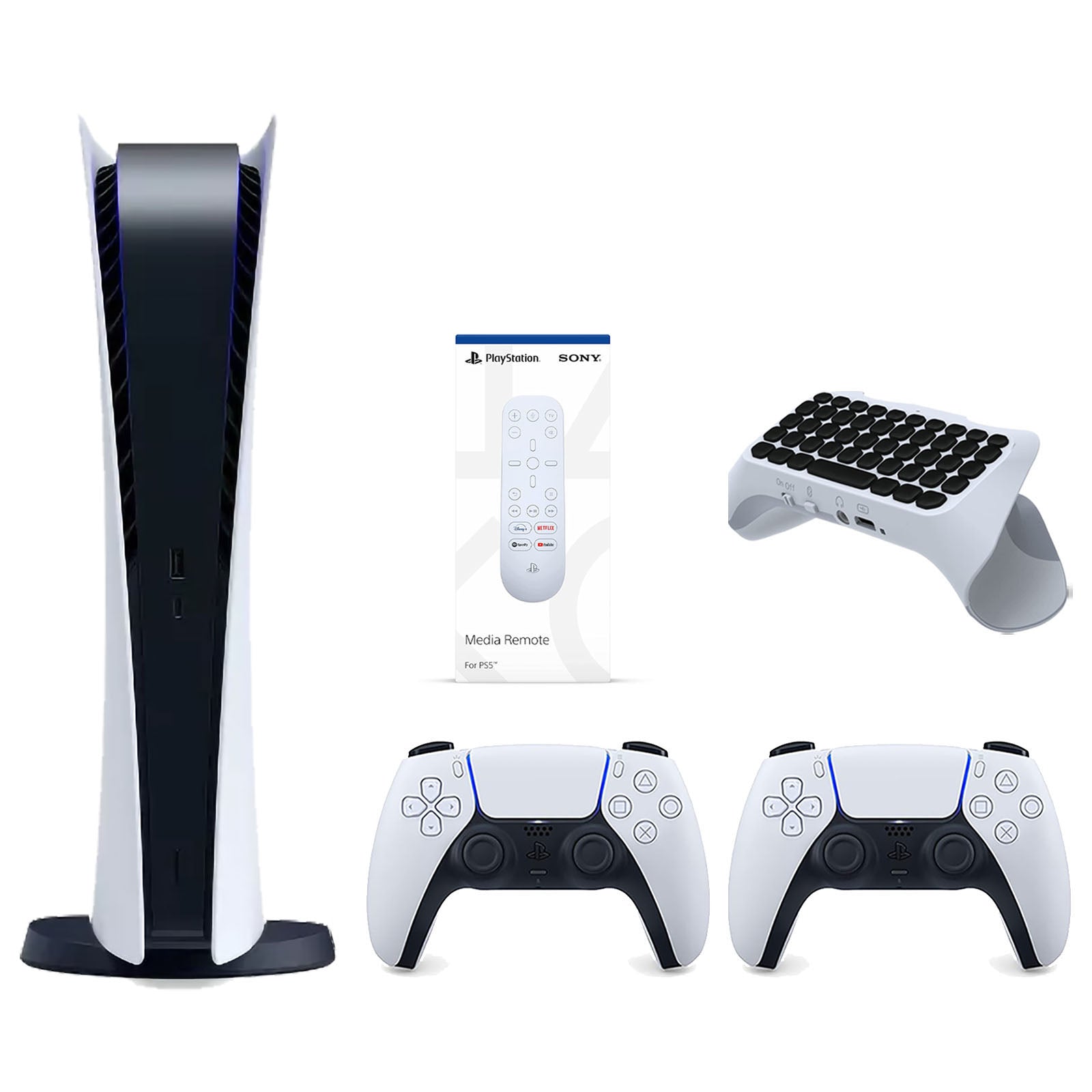 Sony Playstation 5 Digital Edition Console with Extra White Controller, Media Remote and Surge QuickType 2.0 Wireless PS5 Controller Keypad Bundle - Pro-Distributing