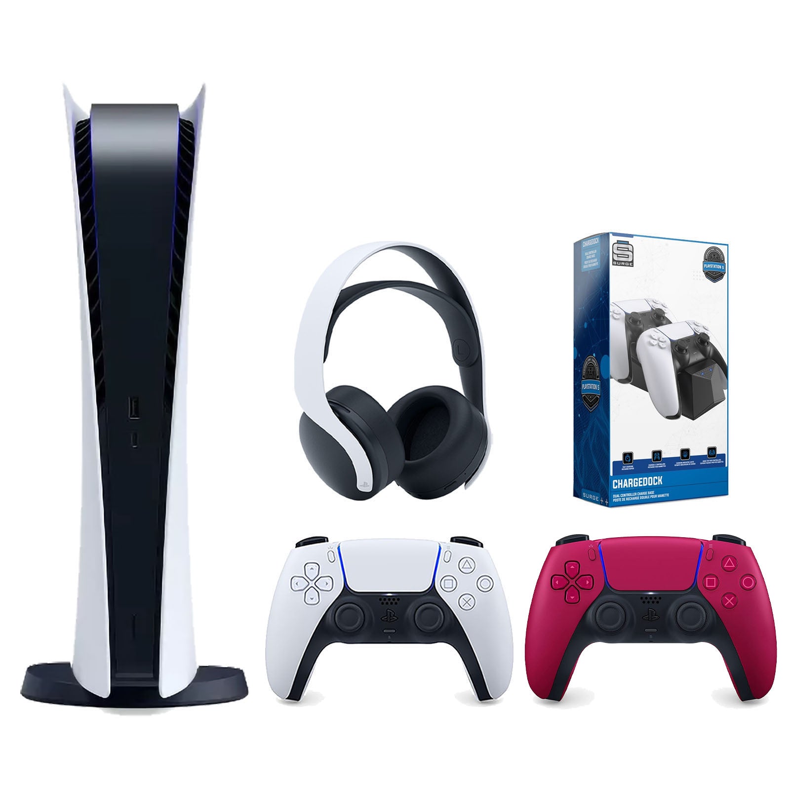 Sony Playstation 5 Digital Edition Console with Extra Red Controller, White PULSE 3D Headset and Surge Dual Controller Charge Dock Bundle - Pro-Distributing