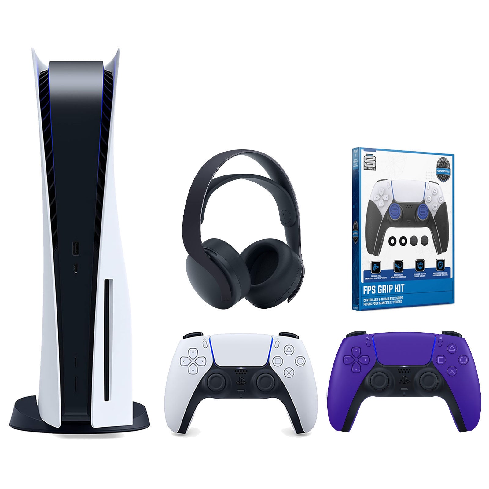 Sony Playstation 5 Disc Version Console with Extra Purple Controller, Black PULSE 3D Headset and Surge FPS Grip Kit With Precision Aiming Rings Bundle - Pro-Distributing