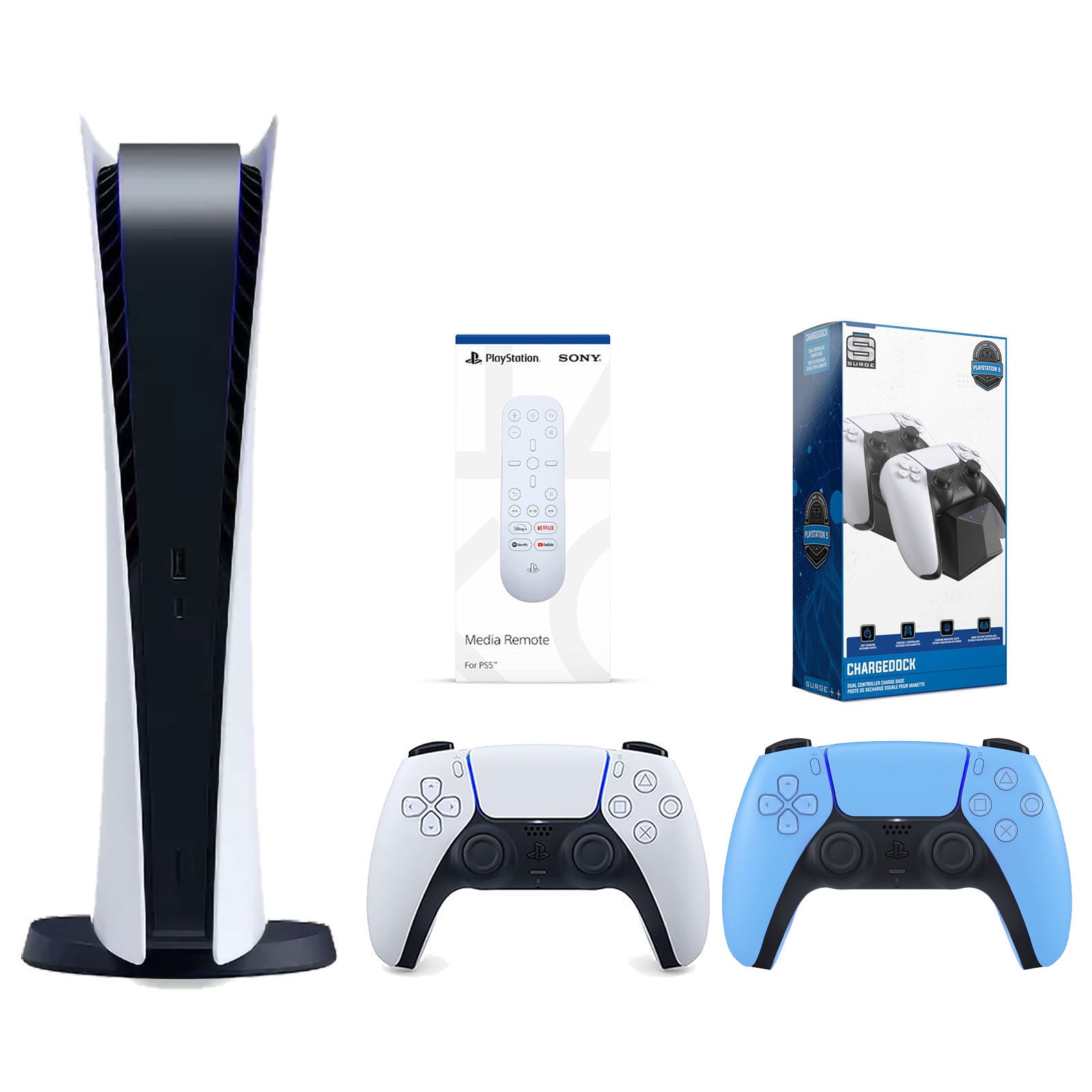Sony Playstation 5 Digital Edition Console with Extra Blue Controller, Media Remote and Surge Dual Controller Charge Dock Bundle - Pro-Distributing