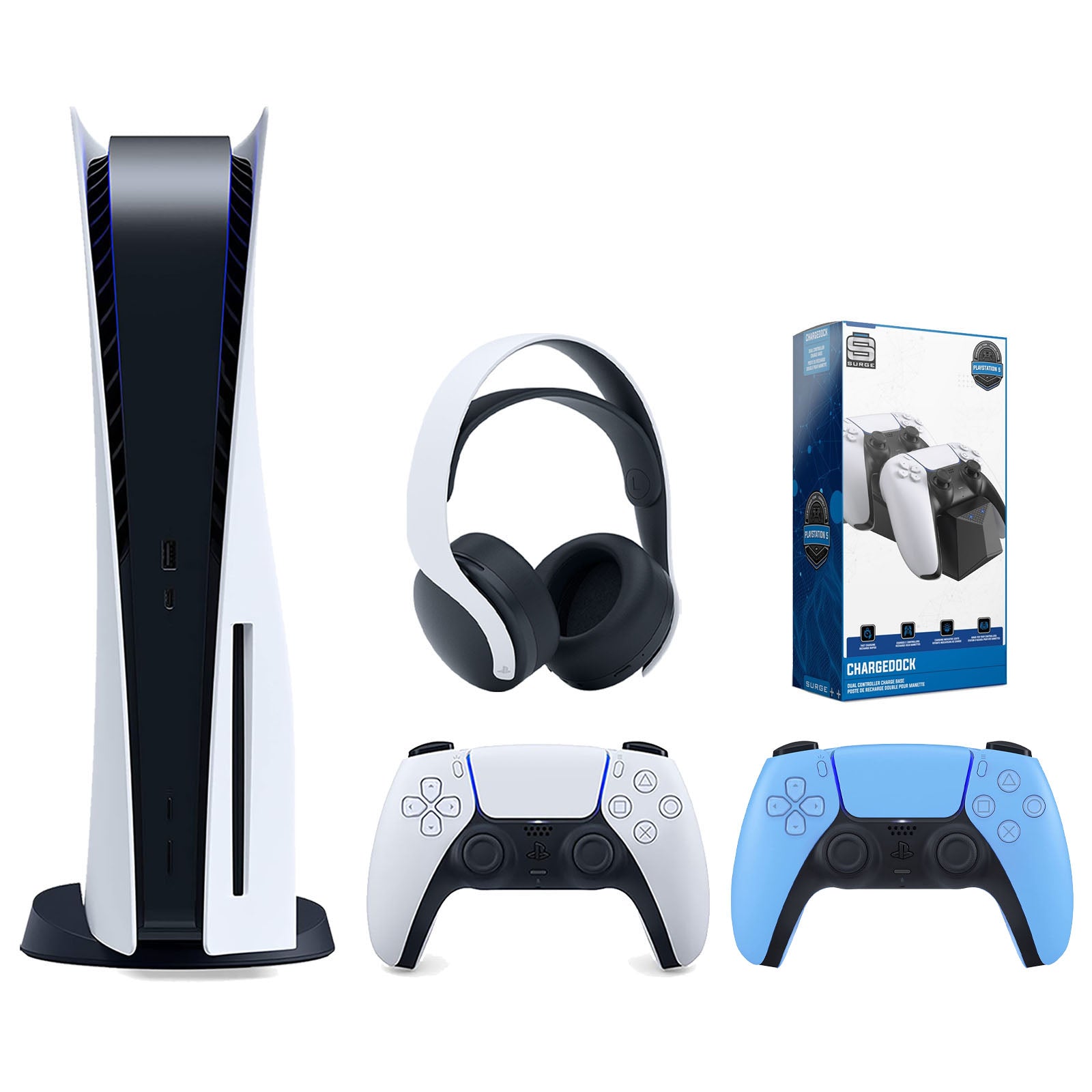 Sony Playstation 5 Disc Version Console with Extra Blue Controller, White PULSE 3D Headset and Surge Dual Controller Charge Dock Bundle - Pro-Distributing