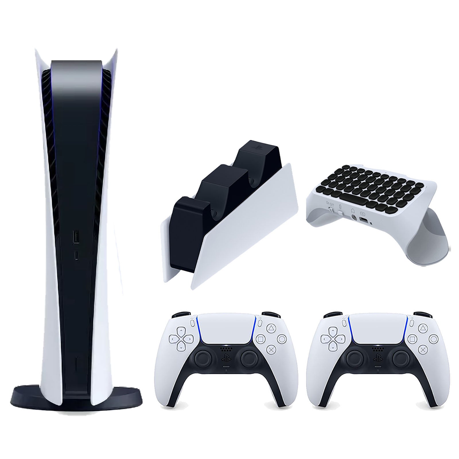 Sony Playstation 5 Digital Edition Console with Extra White Controller, DualSense Charging Station and Surge QuickType 2.0 Wireless PS5 Controller Keypad Bundle - Pro-Distributing