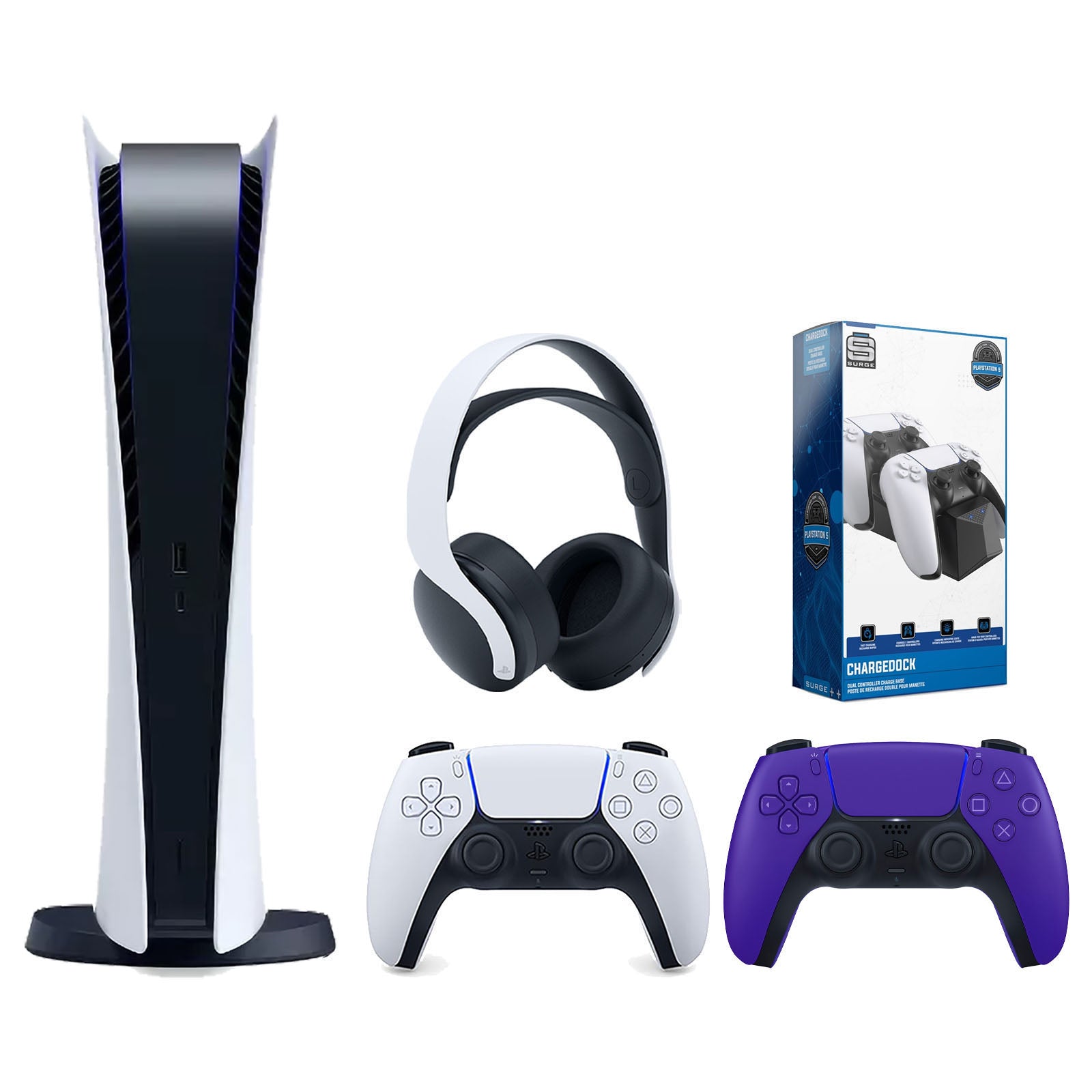 Sony Playstation 5 Digital Edition Console with Extra Purple Controller, White PULSE 3D Headset and Surge Dual Controller Charge Dock Bundle - Pro-Distributing