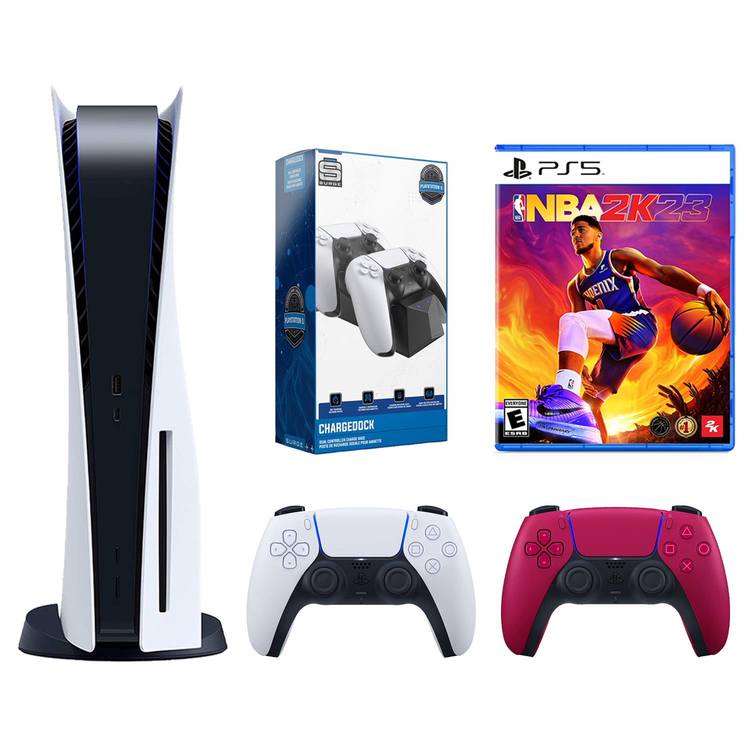 Sony Playstation 5 Disc with NBA 2K23, Extra Controller and Dual Charge Dock Bundle - Cosmic Red - Pro-Distributing