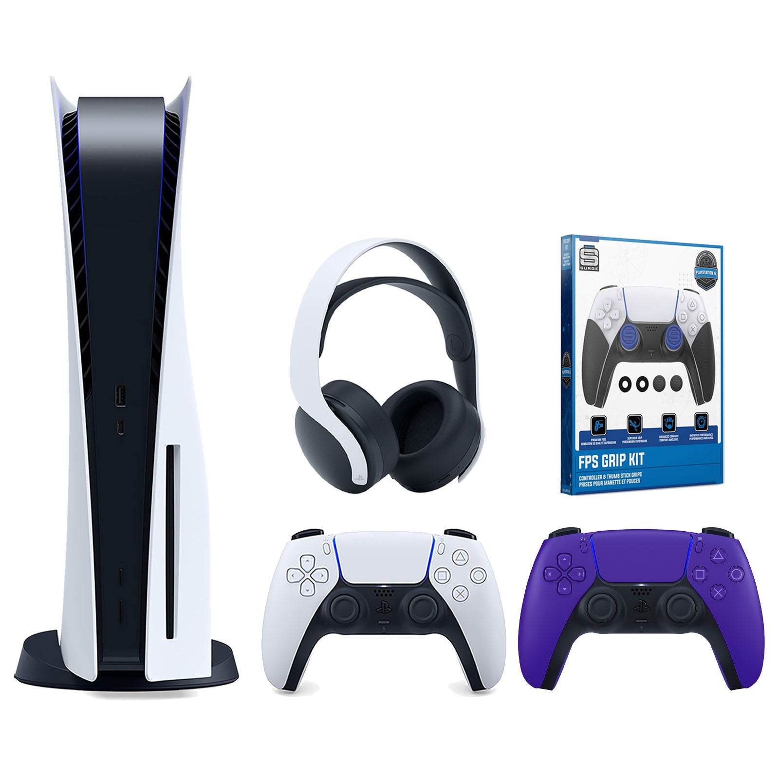 Sony Playstation 5 Disc Version Console with Extra Purple Controller, White PULSE 3D Headset and Surge FPS Grip Kit With Precision Aiming Rings Bundle - Pro-Distributing