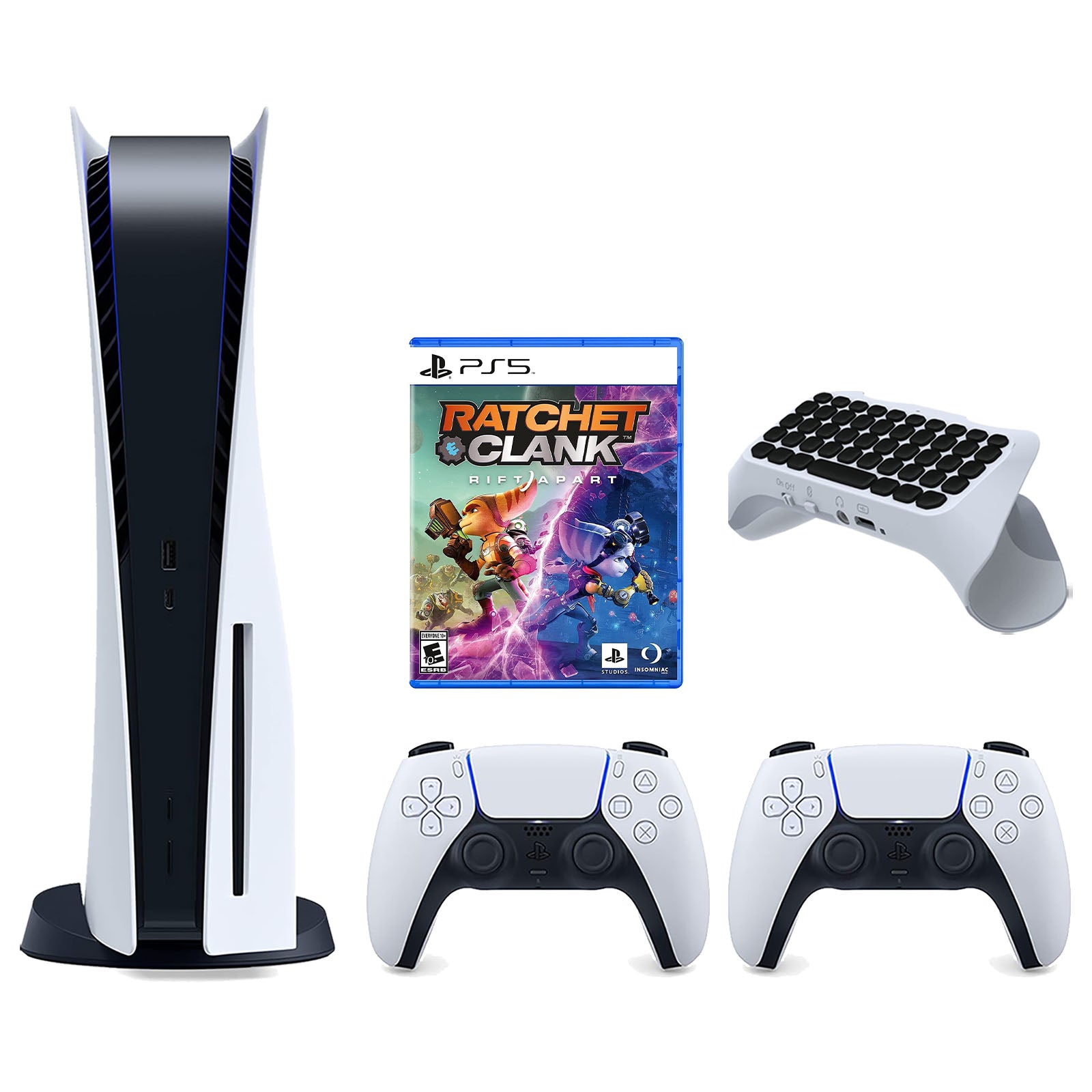 Sony Playstation 5 Disc Version Console with Extra White Controller, Surge QuickType 2.0 Wireless PS5 Controller Keypad and Ratchet & Clark: Rift Apart Bundle - Pro-Distributing