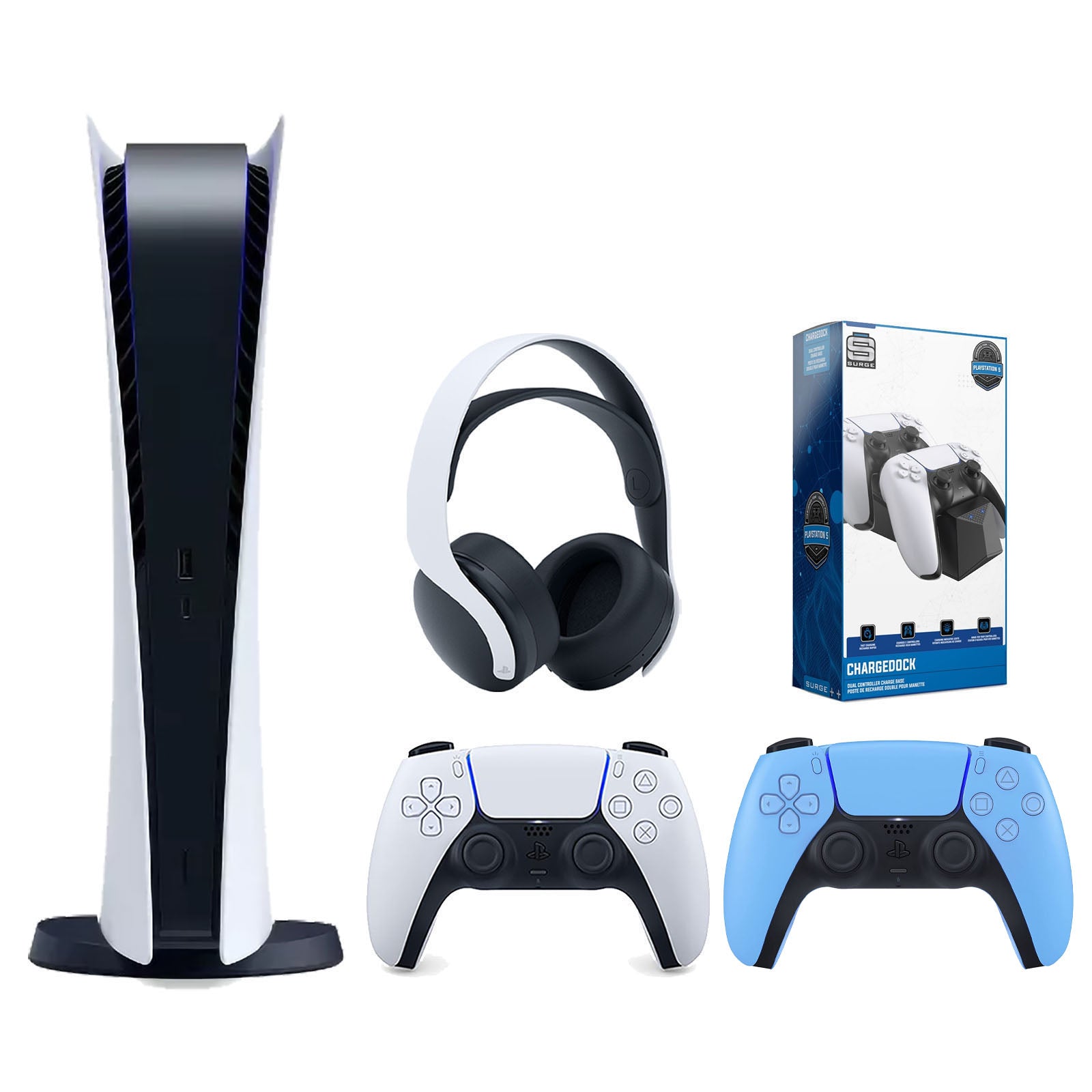 Sony Playstation 5 Digital Edition Console with Extra Blue Controller, White PULSE 3D Headset and Surge Dual Controller Charge Dock Bundle - Pro-Distributing