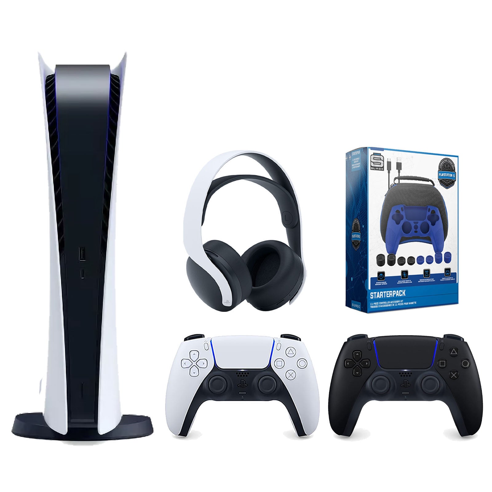 Sony Playstation 5 Digital Edition Console with Extra Black Controller, White PULSE 3D Headset and Surge Pro Gamer Starter Pack 11-Piece Accessory Bundle - Pro-Distributing
