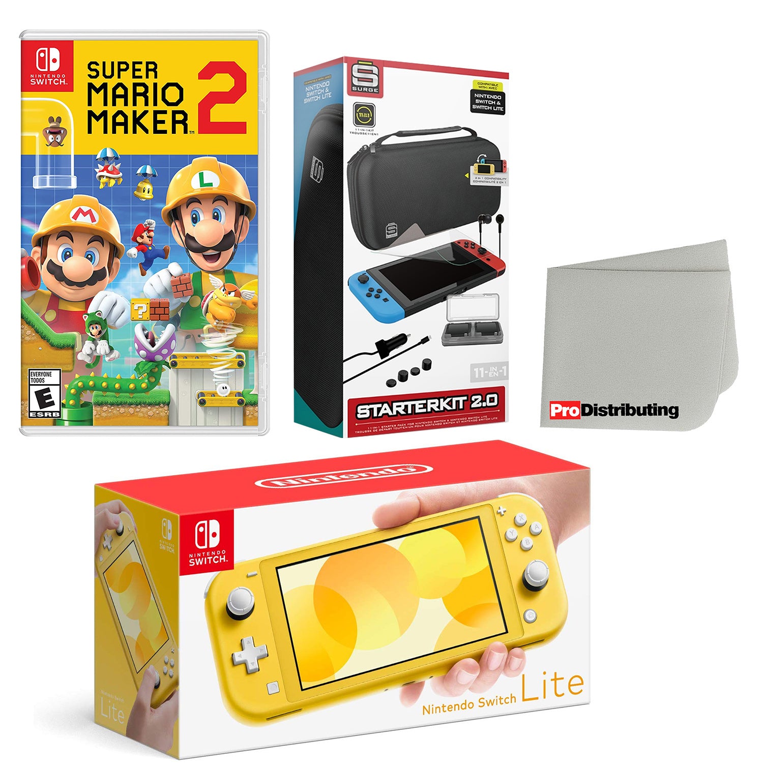 Nintendo Switch Lite Console Yellow with Super Mario Maker 2, Accessory Starter Kit and Screen Cleaning Cloth Bundle - Pro-Distributing