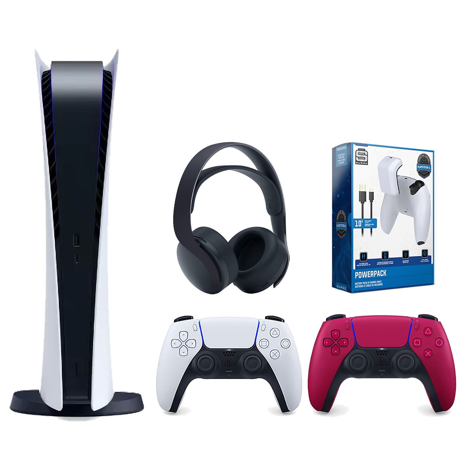 Sony Playstation 5 Digital Edition Console with Extra Red Controller, Black PULSE 3D Headset and Surge PowerPack Battery Pack & Charge Cable Bundle - Pro-Distributing