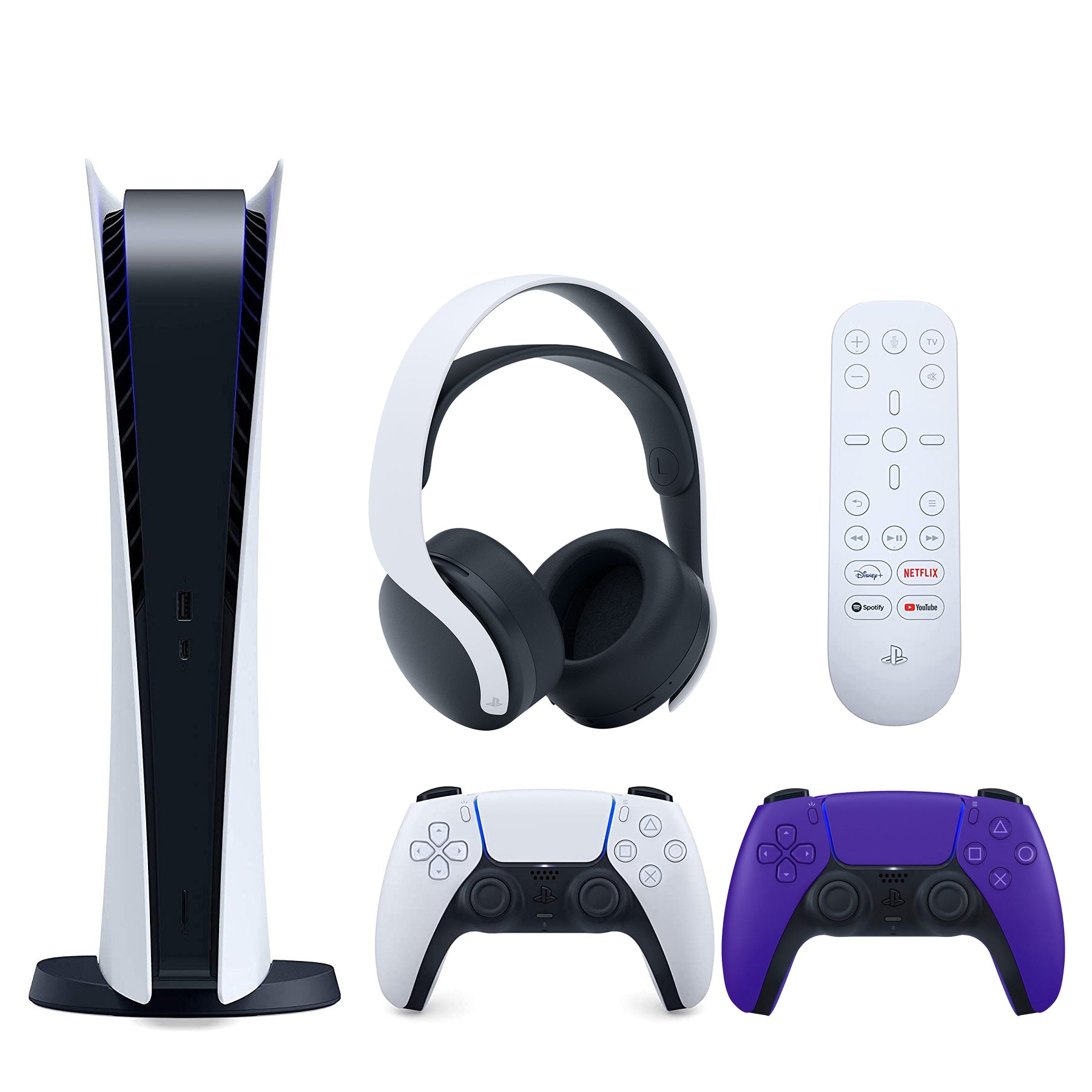Sony Playstation 5 Digital Version (Sony PS5 Digital) with Extra Galactic Purple Controller, White PULSE 3D Headset and Media Remote Bundle - Pro-Distributing