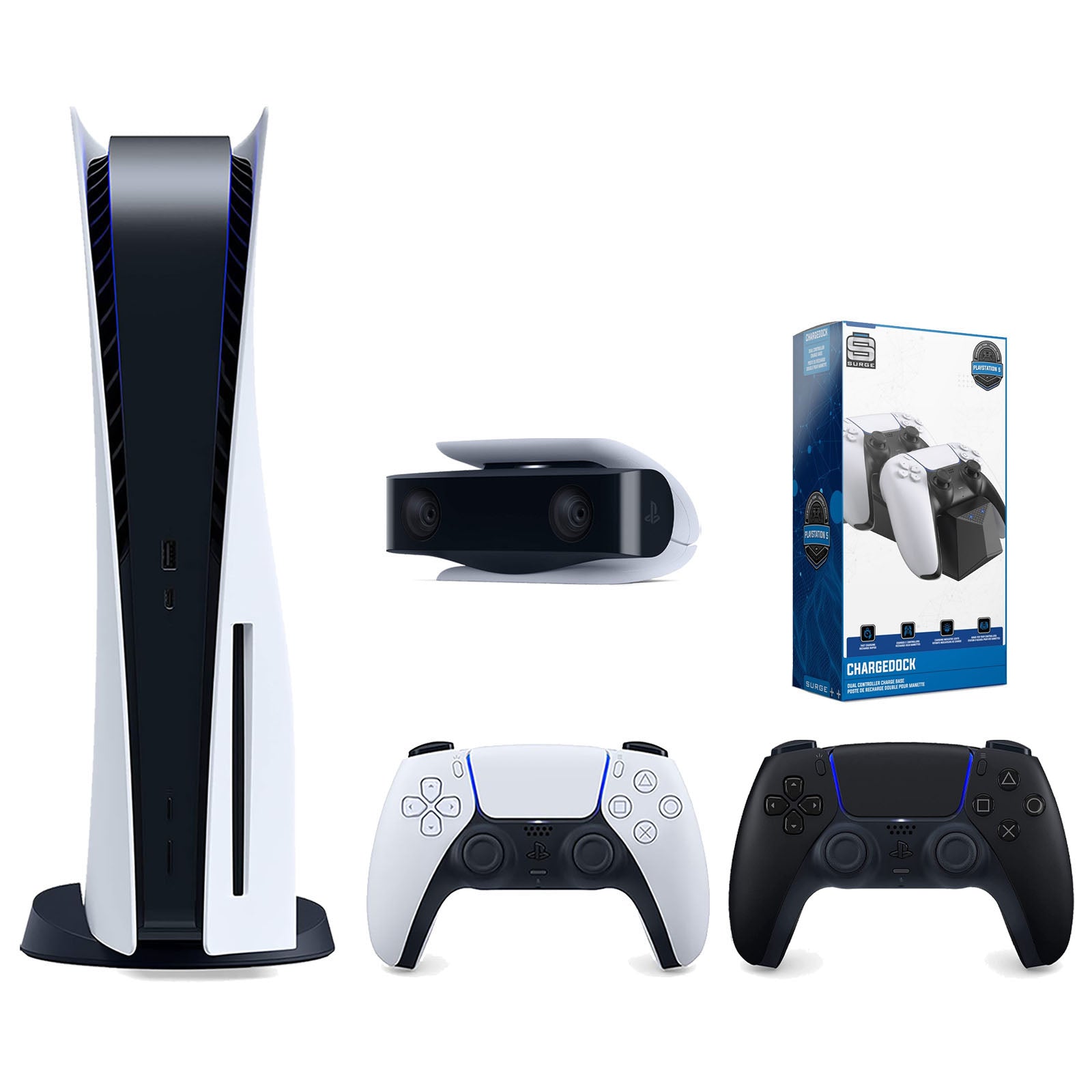 Sony Playstation 5 Disc Version Console with Extra Black Controller, 1080p HD Camera and Surge Dual Controller Charge Dock Bundle - Pro-Distributing