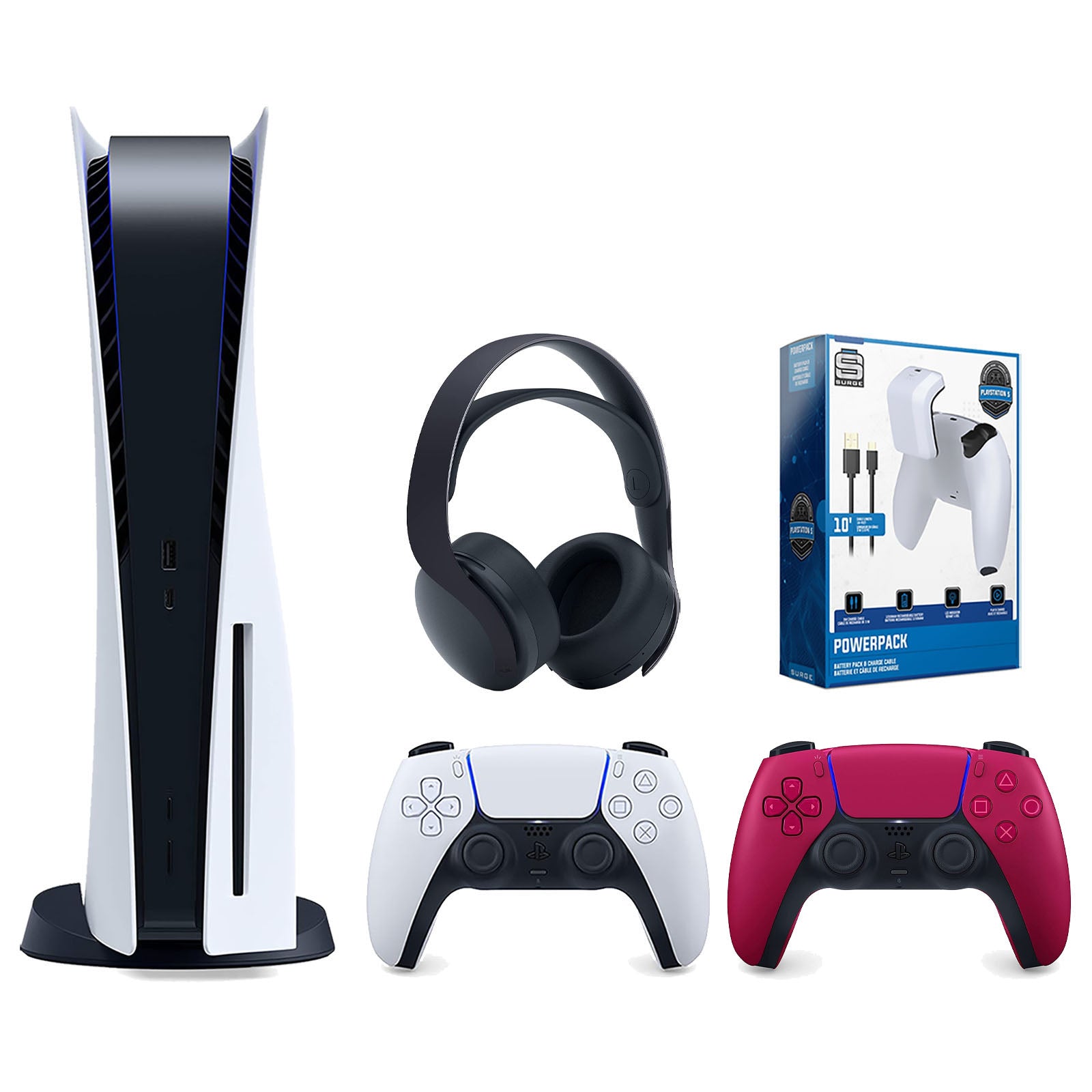 Sony Playstation 5 Disc Version Console with Extra Red Controller, Black PULSE 3D Headset and Surge PowerPack Battery Pack & Charge Cable Bundle - Pro-Distributing