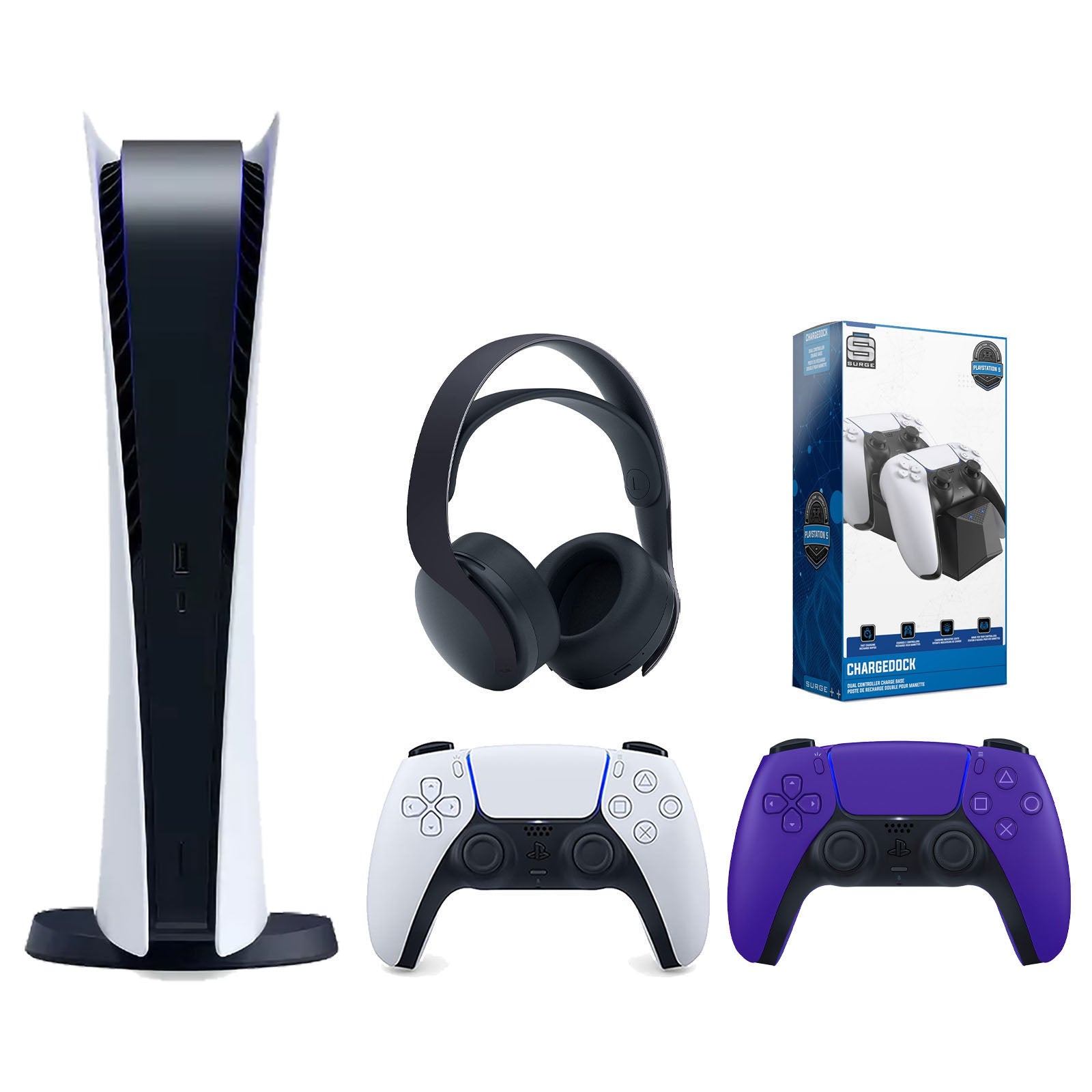 Sony Playstation 5 Digital Edition Console with Extra Purple Controller, Black PULSE 3D Headset and Surge Dual Controller Charge Dock Bundle - Pro-Distributing